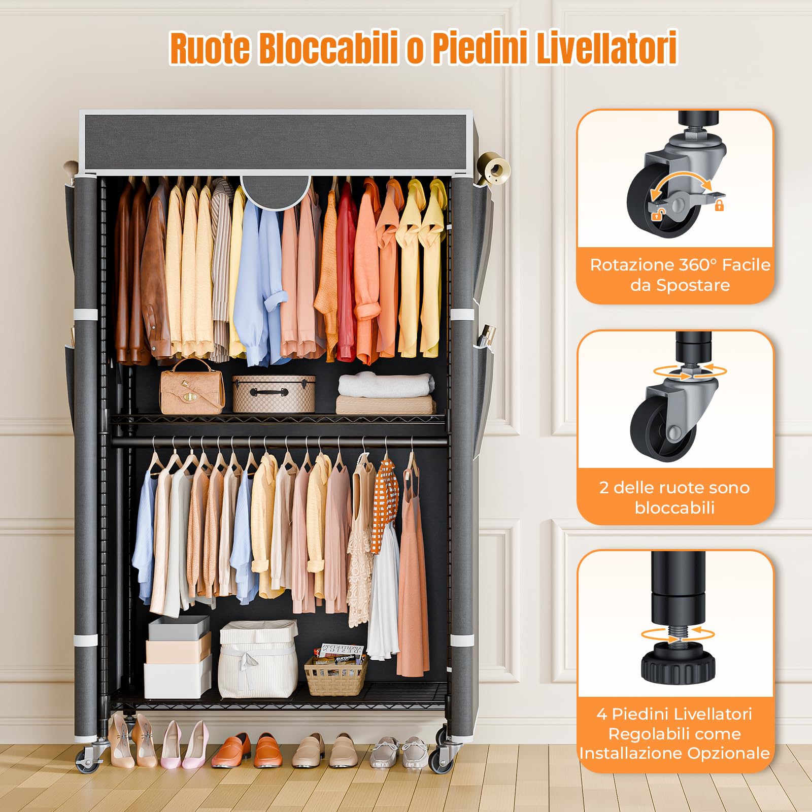 Himimi Appendiabiti su ruote, stabile, doppio appendiabiti con copertura e ripiano regolabile in altezza, armadio aperto in metallo, per camera da letto, 90 x 45 x 205 cm, grigio