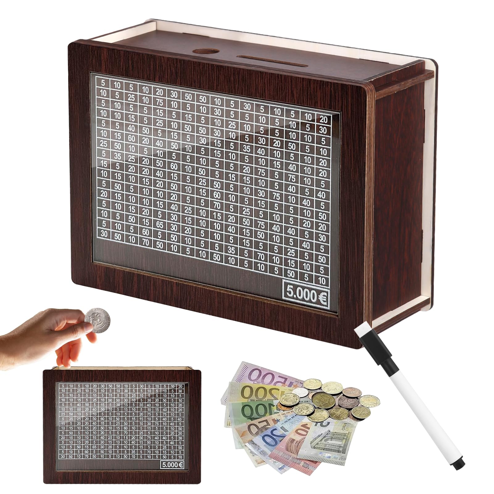 Spardose aus Holz, spardose mit zählerm, Wiederverwendbare Spardose, Sparbox mit Zahlen Ankreuzen, für Erwachsene und Kinder mit Sparziel