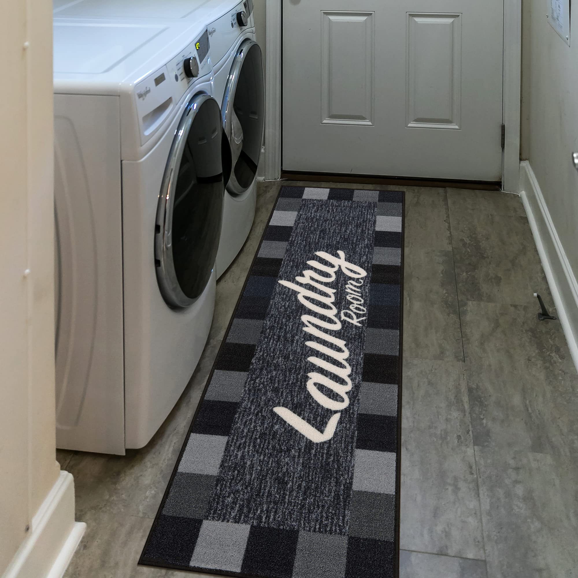 Ottomanson Laundry Collection NonSlip Rubberback Checkered Border Design 2x5 Laundry Room