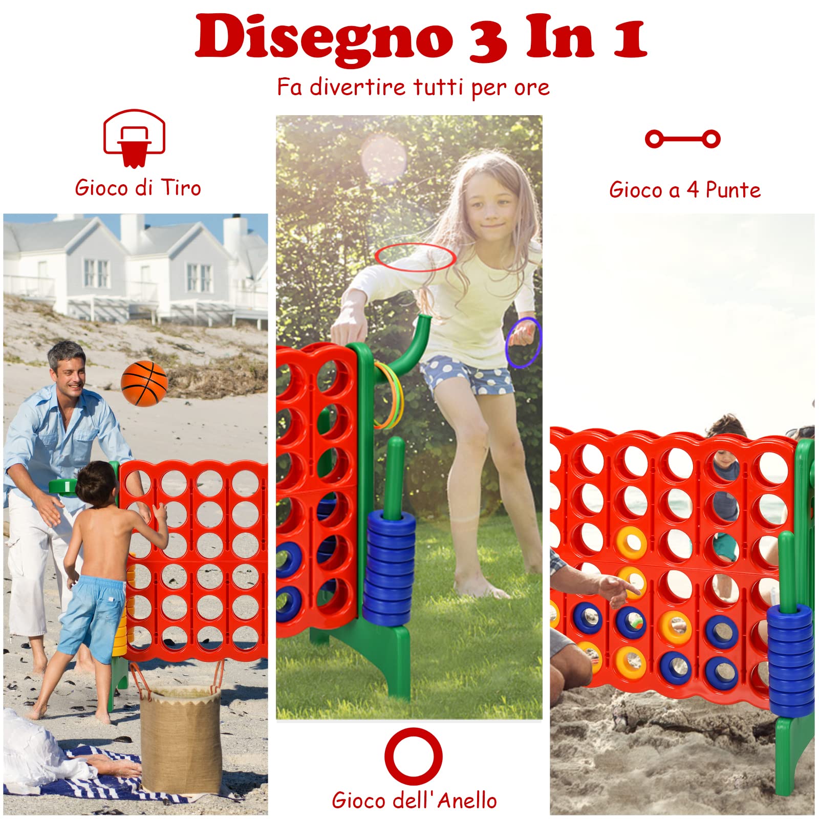 GYMAX Gioco Forza 4 Gigante 3 in 1, Anelli di Lancio, Canestro e Pallacanestro, per Bambini e Adulti, 84 x 33 x 74 cm (Verde)