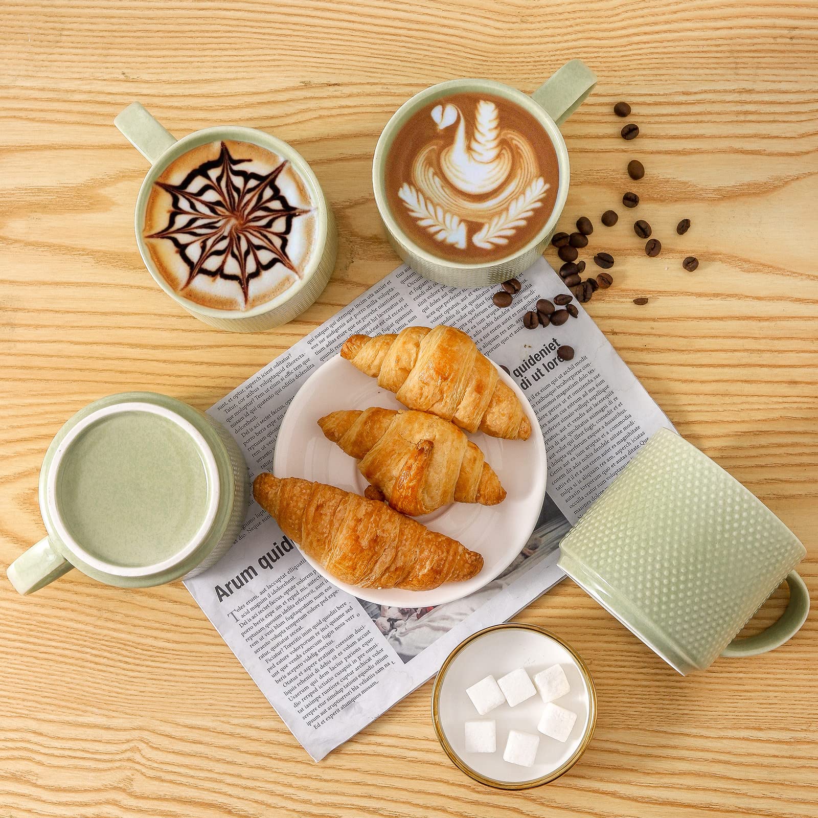 Hasense Juego de 4 tazas de café con estante, tazas de café grandes apilables de porcelana de 15 onzas con asa para bebidas como té, capuchino, leche, moca y cereales, aptas para microondas y