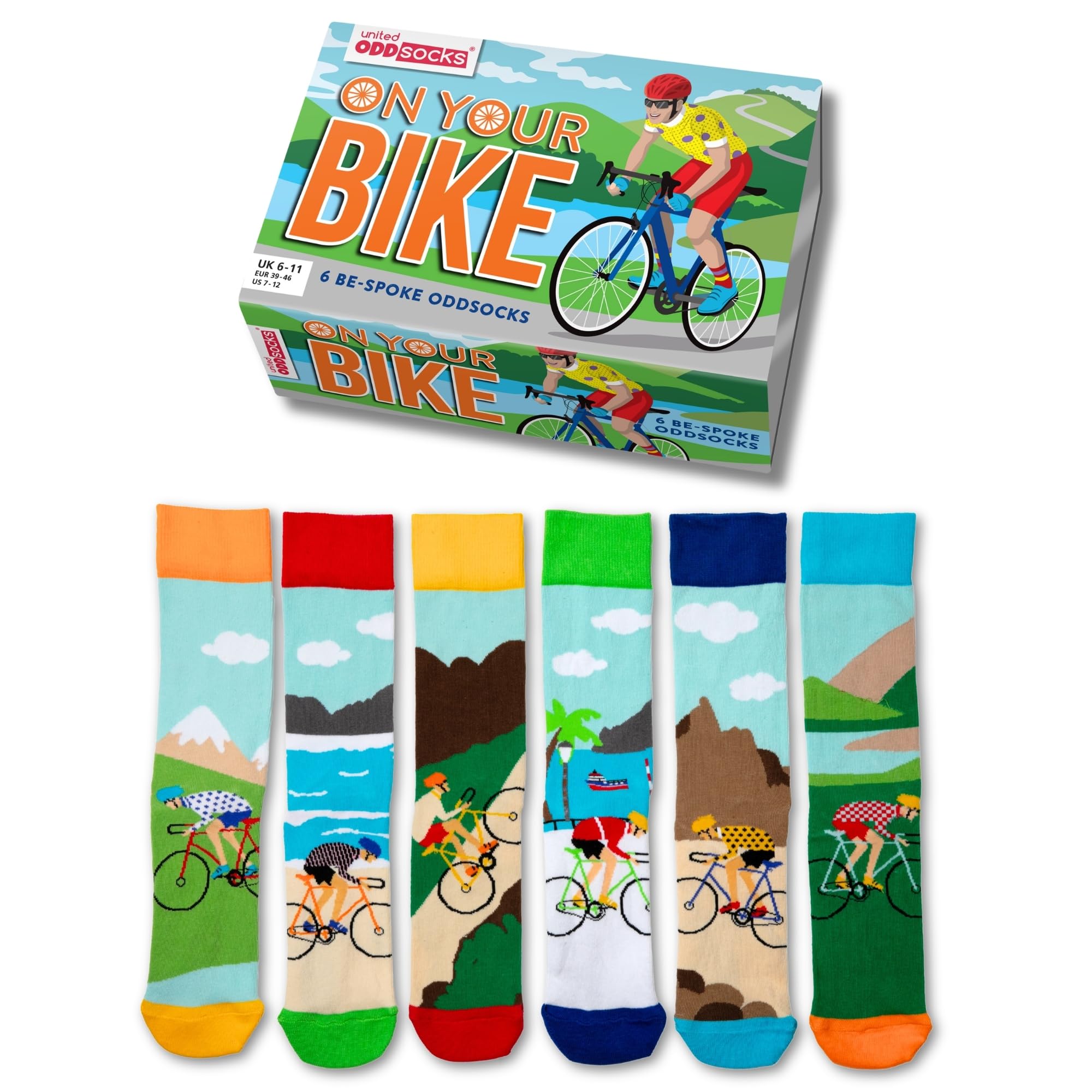 United Oddsocks On Your Bike Men's Odd Socks Gift Box – 6 Colourful Mismatched Cycling-Themed Socks for Men – UK 6-11, EUR 39-46, US 7-12 – Fun Gift for Cyclists, Father's Day, Birthdays & Christmas