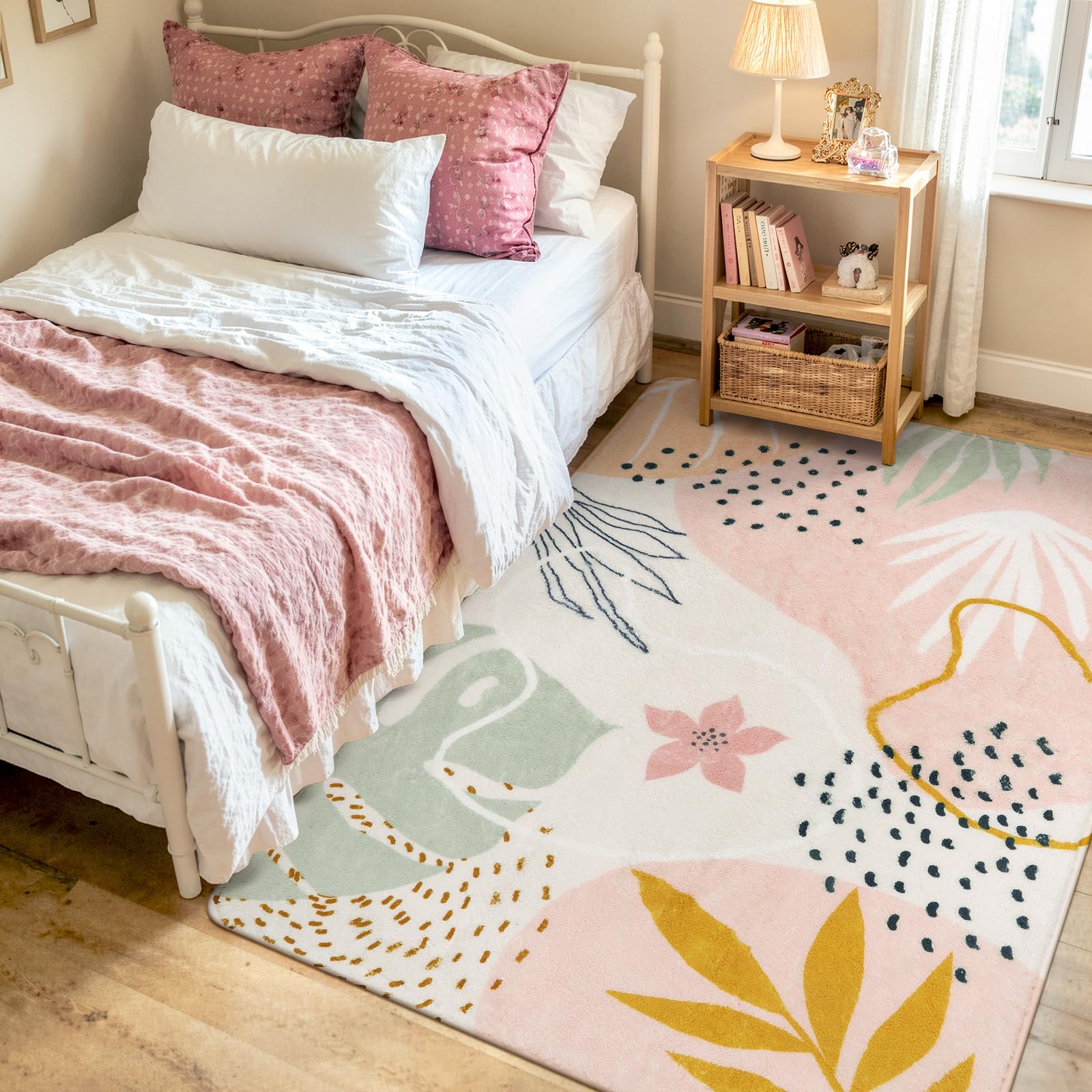 Photo 1 of Lahome Pink Boho Bedroom Rug 5x7, Washable Non Slip Soft Botanical Area Rug for Girls Bedroom Kids Room Cozy Nursery Toddler Living Room Apartment Decor