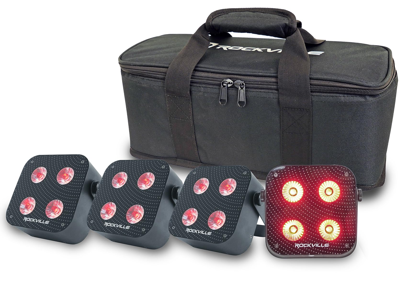 Rockville 4 Pack Mini IR4 Black, LED Wash Lights, RGBWA+UV, Compact, App Control, LCD, Wireless DMX, Rechargeable, Perfect for DJ & Event Lighting