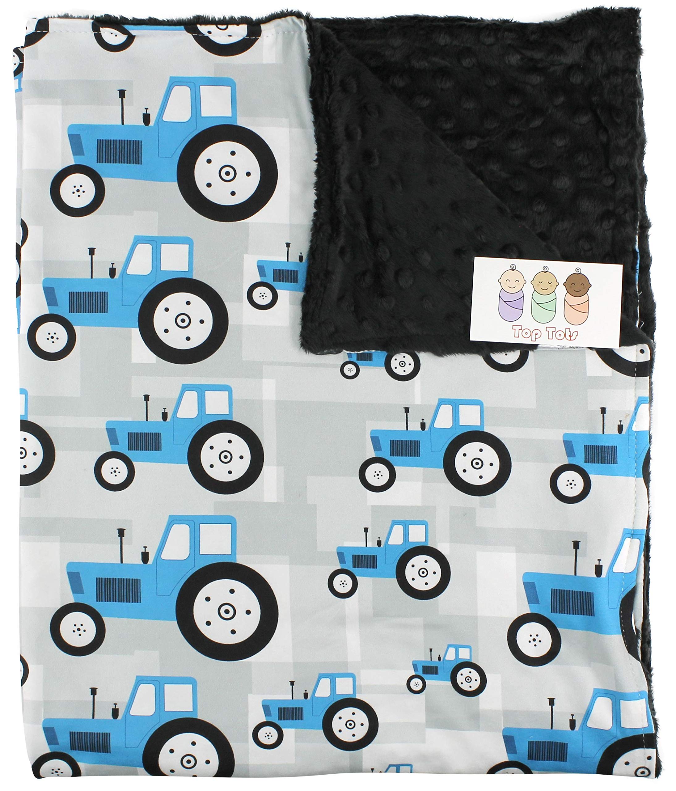 Baby Blanket - Blue Tractors on Grey with Black Minky Dot
