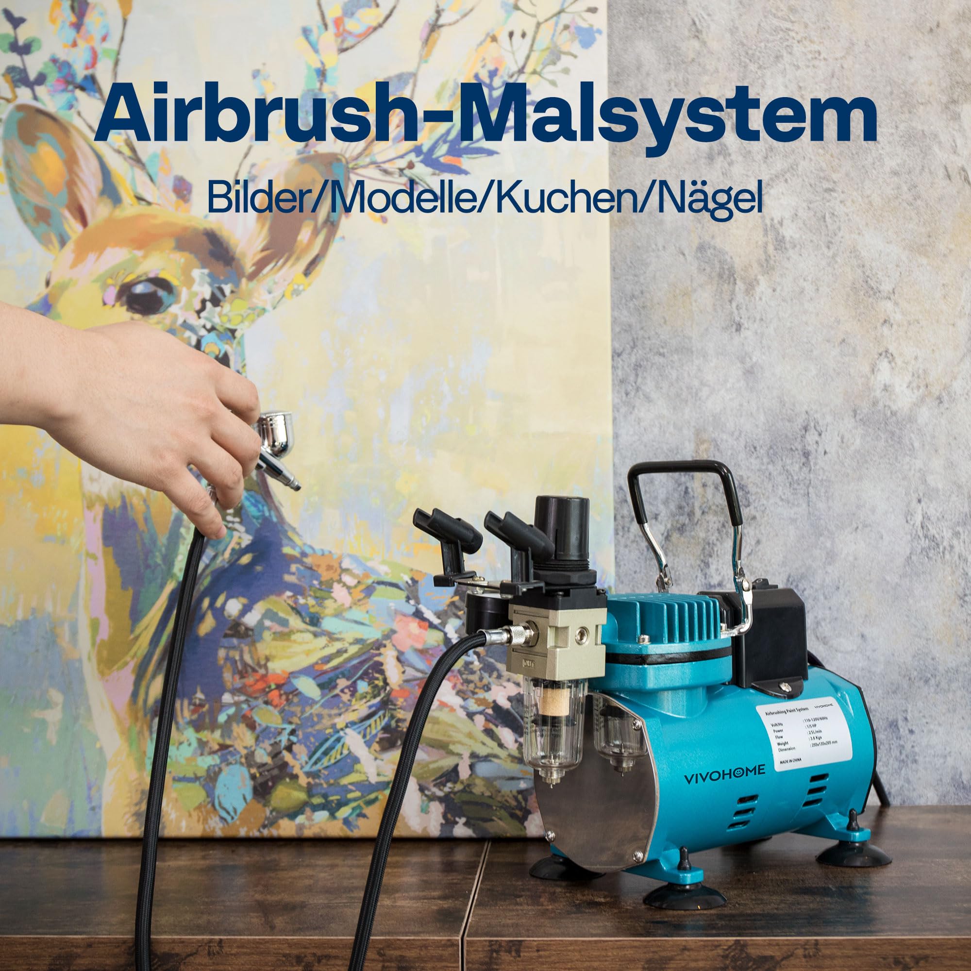 VIVOHOME Airbrush-Set mit 1/5 PS professionellem Luftkompressor und 3 Dual-Action-Airbrush-Pistolen, Schwerkraft- und Siphon-Zufuhr, leises Airbrush-Set mit Halter, Reinigungsbürste, Klebeband