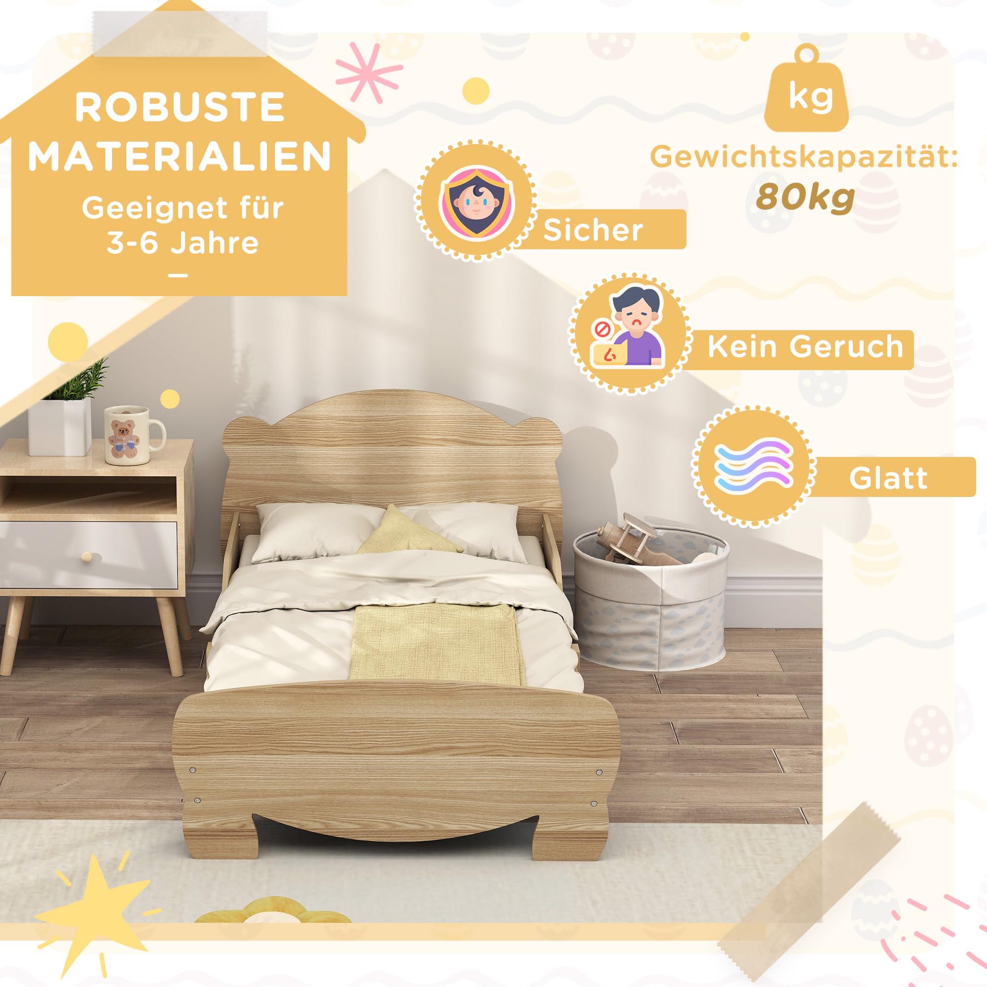 AIYAPLAY Kinderbett mit Rausfallschutz Lattenrost 140 x 70 cm Jugendbett mit Bären-Design Einzelbett für Mädchen und Jungen Naturholz