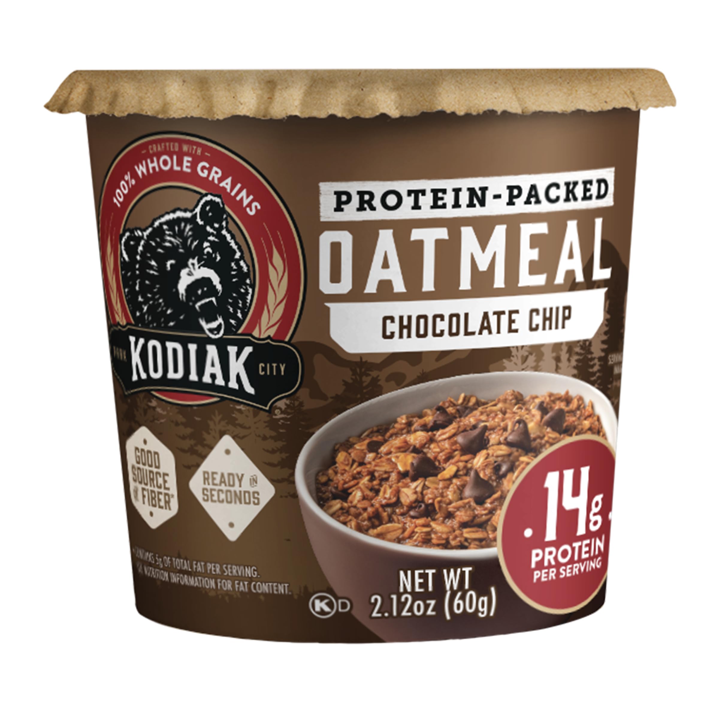 Kodiak Cakes Farina d'avena proteica con gocce di cioccolato in una tazza, pentola per porridge istantaneo, colazione sana, 100% avena integrale, 14 g di proteine per tazza, 60 g (confezione da 12)