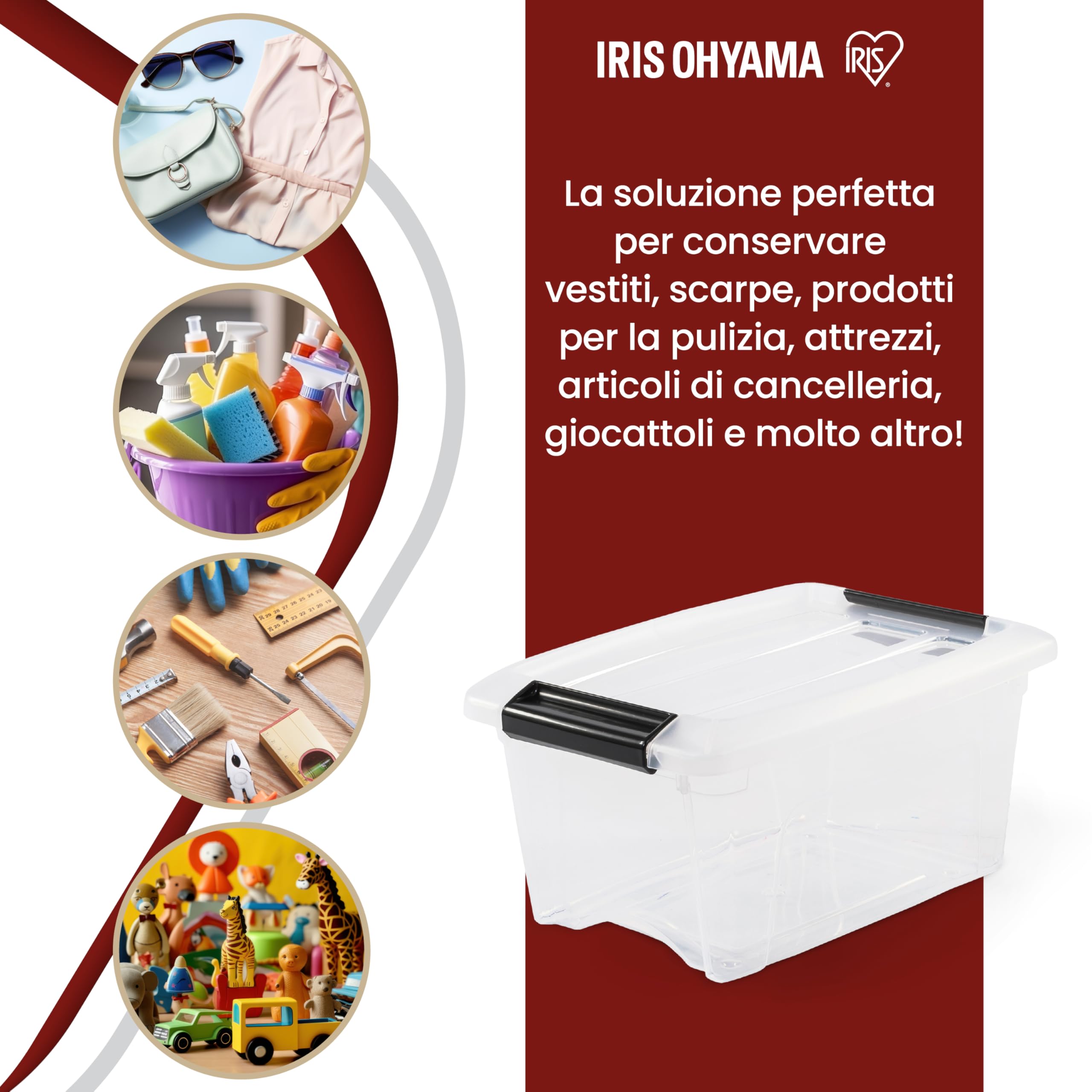 Iris Ohyama Scatole Portaoggetti in con Coperchio, 5L, Lotto di 3, Trasparente, Clip di Bloccaggio, Empilabile, Maniglia, Per Camera, Armadio, Ufficio, Organizzatore, Senza BPA, NTB-5