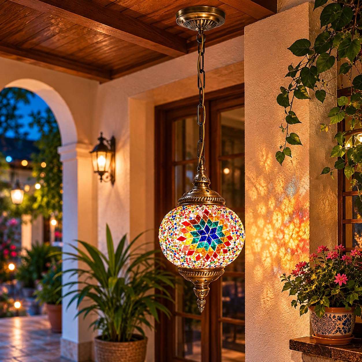 DC VOLTAGE Handmade Turkish Mosaic Pendant Lamp Moroccan Style Ceiling Lantern with Colourful Glass Globe and Chain Suspension for Living Room Bedroom and Hallway (with Out Bulb)
