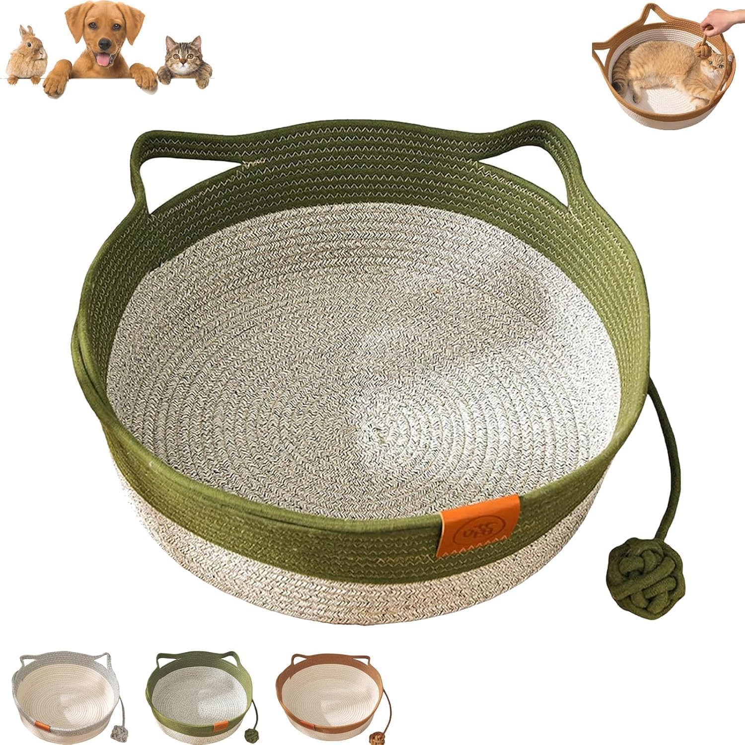 2026 New Instinct Basket, Cat Bed with Toy Tail, Cats Ear Design, Breathable All Season Universal, Handwoven Cotton Rope Enrichment Bed, Cats Bed (Green)