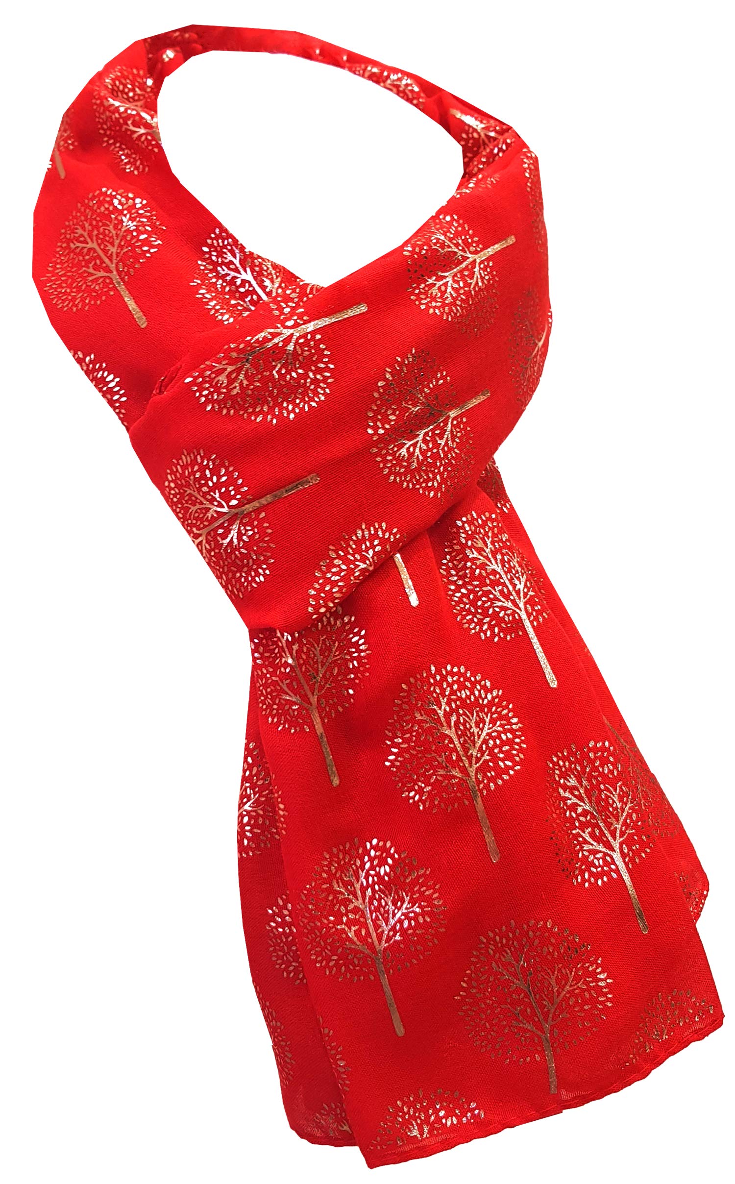 World of Shawls Gold Foil Mulberry Tree Print Fashion Scarf (Red)