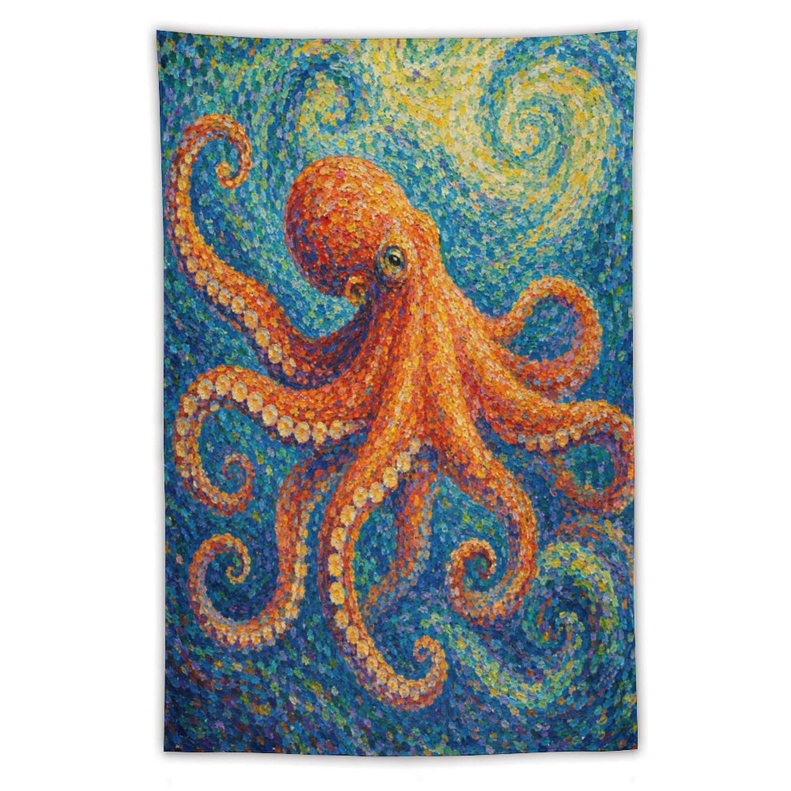 W7C8U2X3 Orange Octopus Wall Tapestry, Impressionist Style, Reading Corner