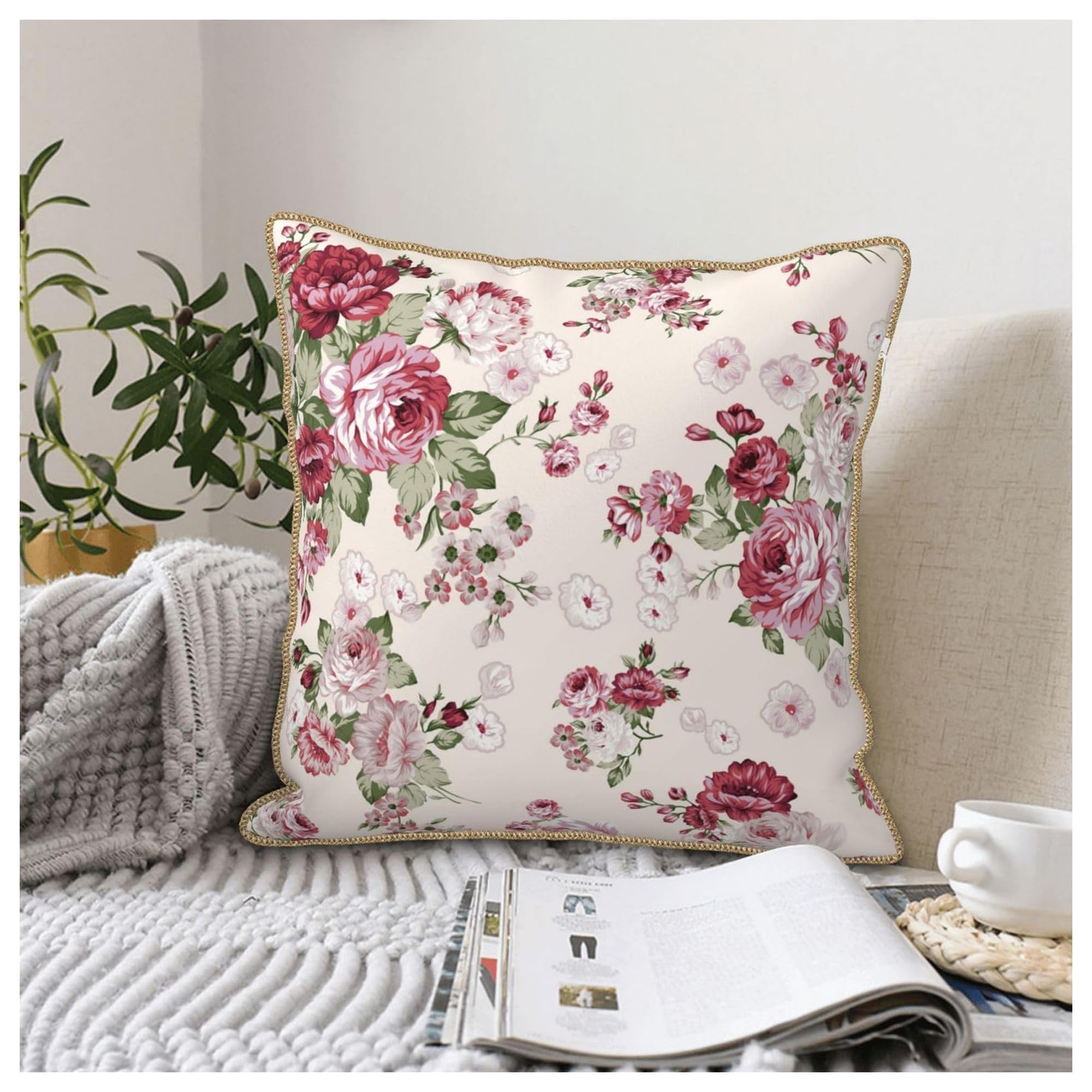 Yansipor Velvet Throw Pillow Cover - Gold Trim Pillowcases Red Floral Boho Farmhouse Home Decor Red Rose Pillow Cases Standard Size 18×18 Cushion