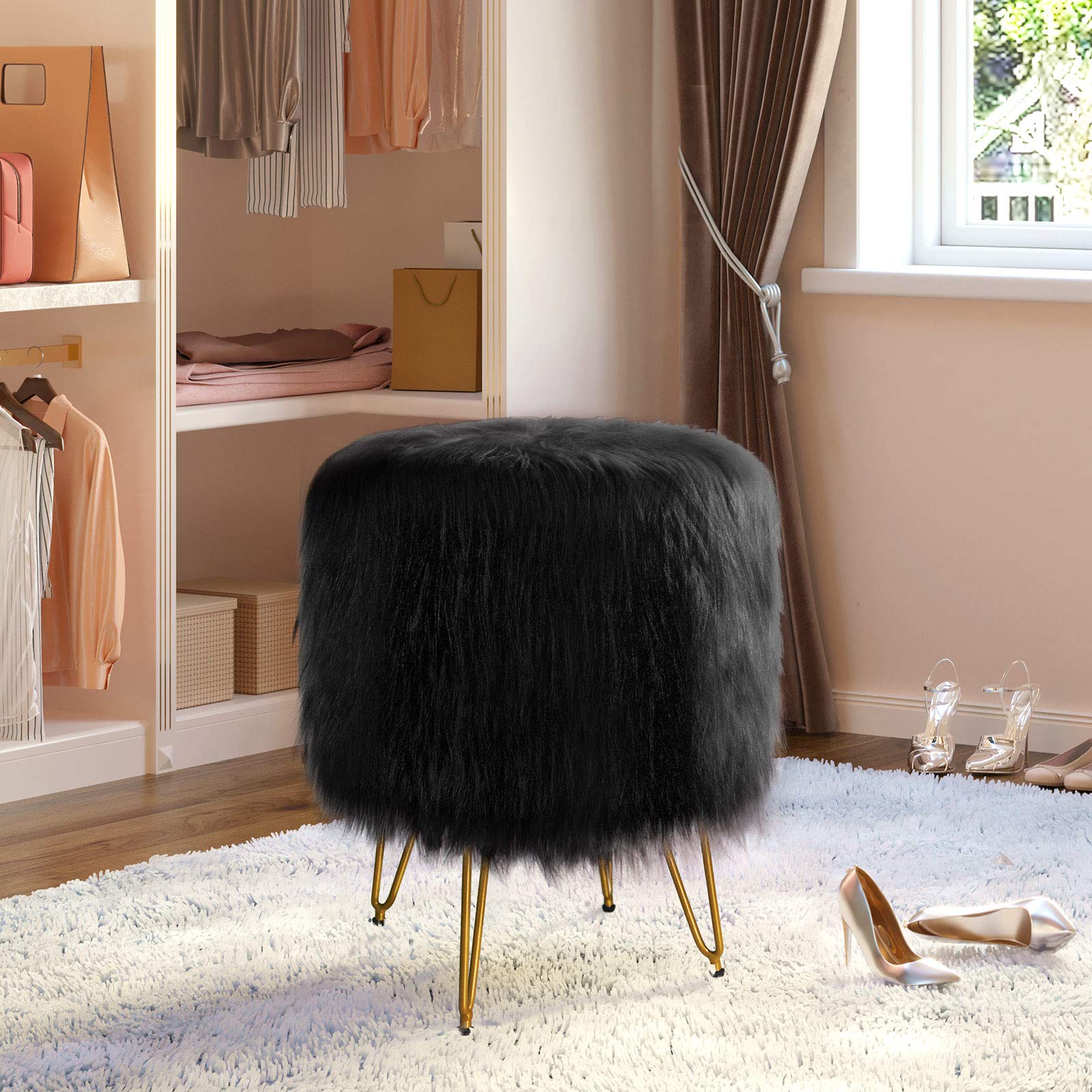 Greenstell Vanity Stool Chair 4 Metal Legs with Anti-Slip Pad, Round Faux Fur Storage Ottoman, Soft Furry Compact Padded Seat, Modern Decorative Furniture Chairs for Makeup, Bedroom Black