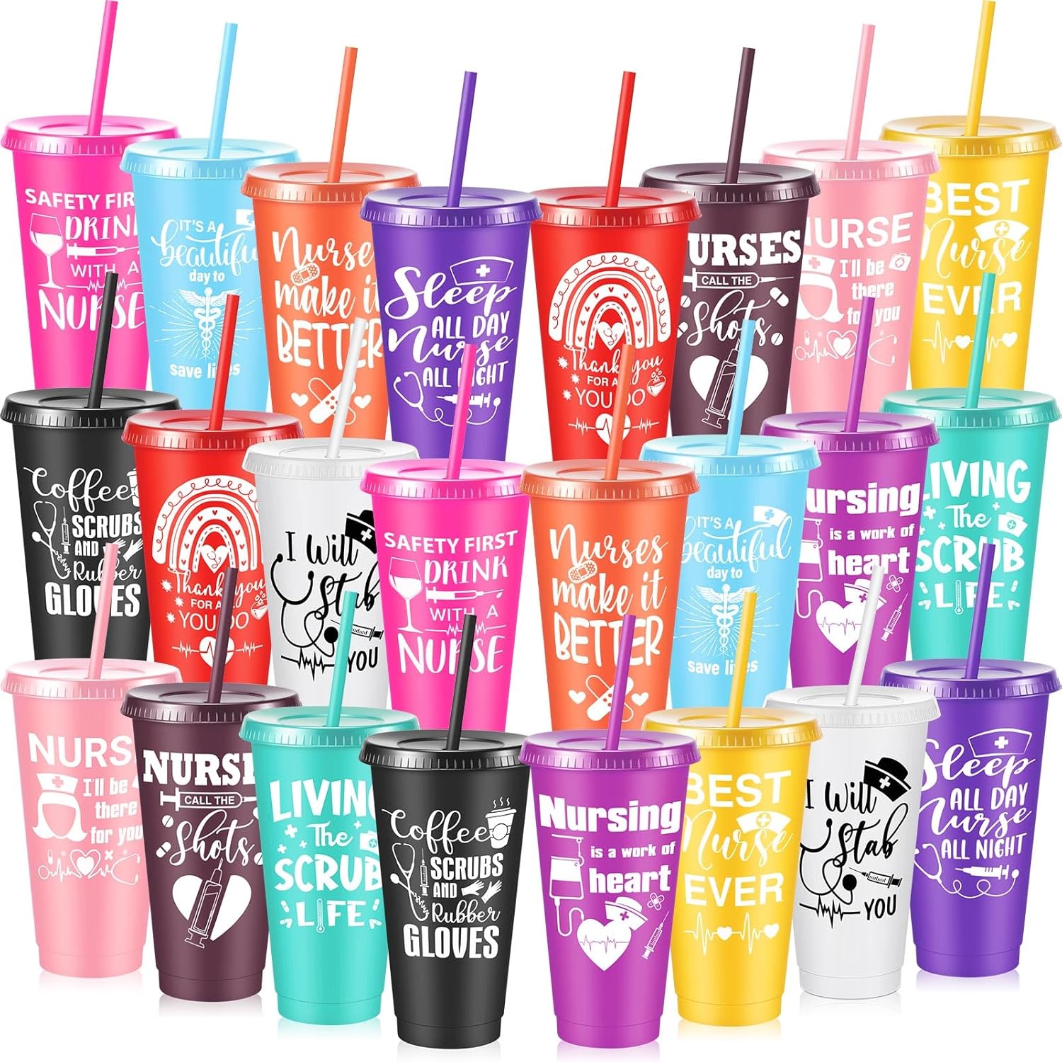 Uiifan 24 Pcs Nurse Week Gifts Bulk 2026 Nurse Appreciation 24 oz Reusable Tumbler with Lid and Straw for Ot Month Thank You Practitioner Graduation Gift (Stylish)