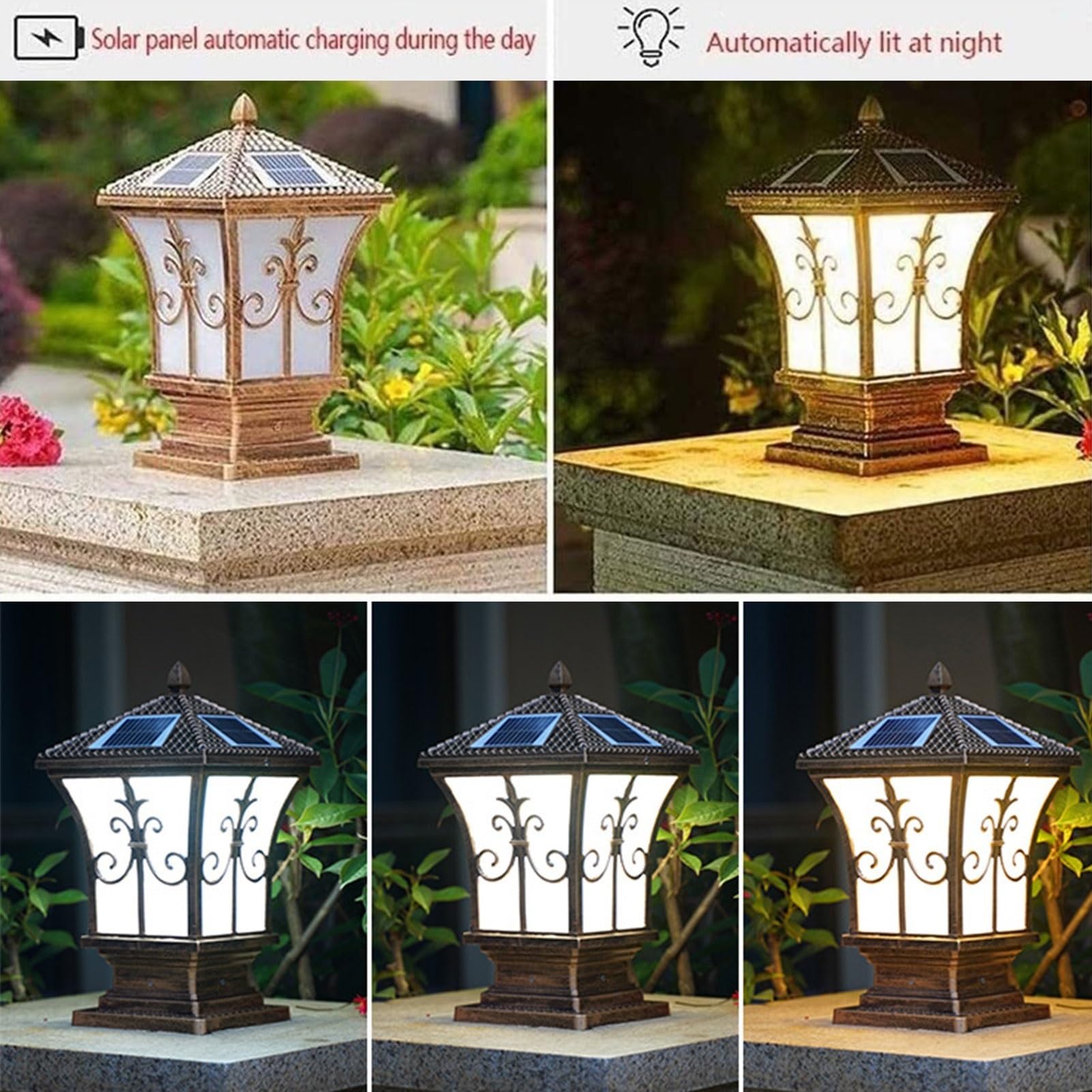 Pfostenleuchten Außenbereich Palace Style Outdoor Solar Säule Post Licht Retro Aluminium Wasserdicht Straße Laterne for Hof gemauert Balkon Villa Säule Cap Lampe(Zwart,XS)