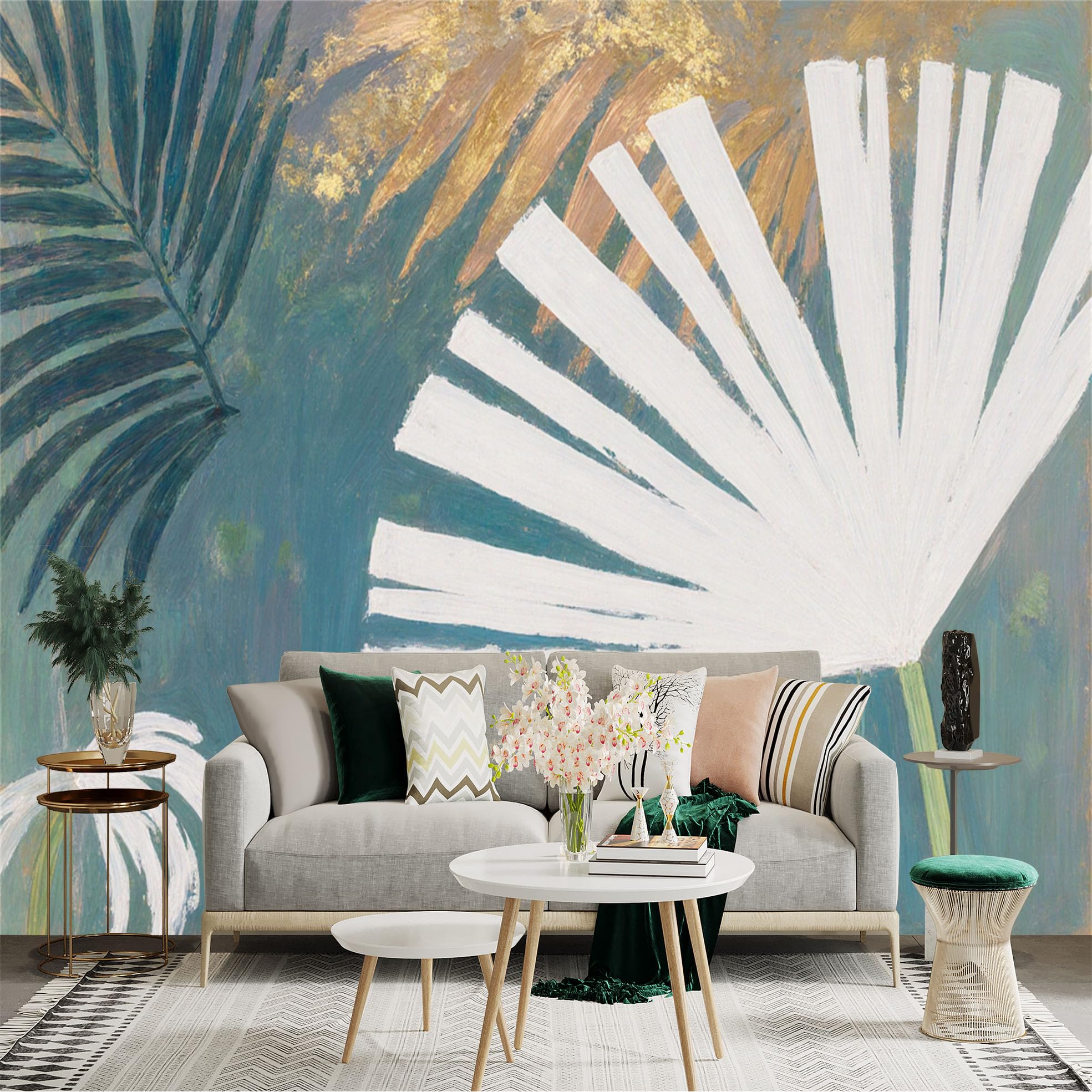Custom Size Wall Sticker Mural， Abstract White Tropical Leaves， Gold Foil Texture， Botanical Art Painting， Modern Teal Background， for wall Decoration， peelandstick wall Decals.