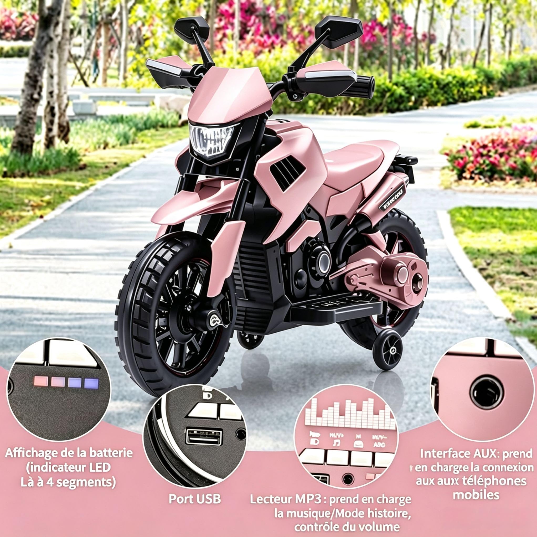 Moto Electrique Enfant Tout Terrain 6V Motocross Phares Musique Klaxon 3-6