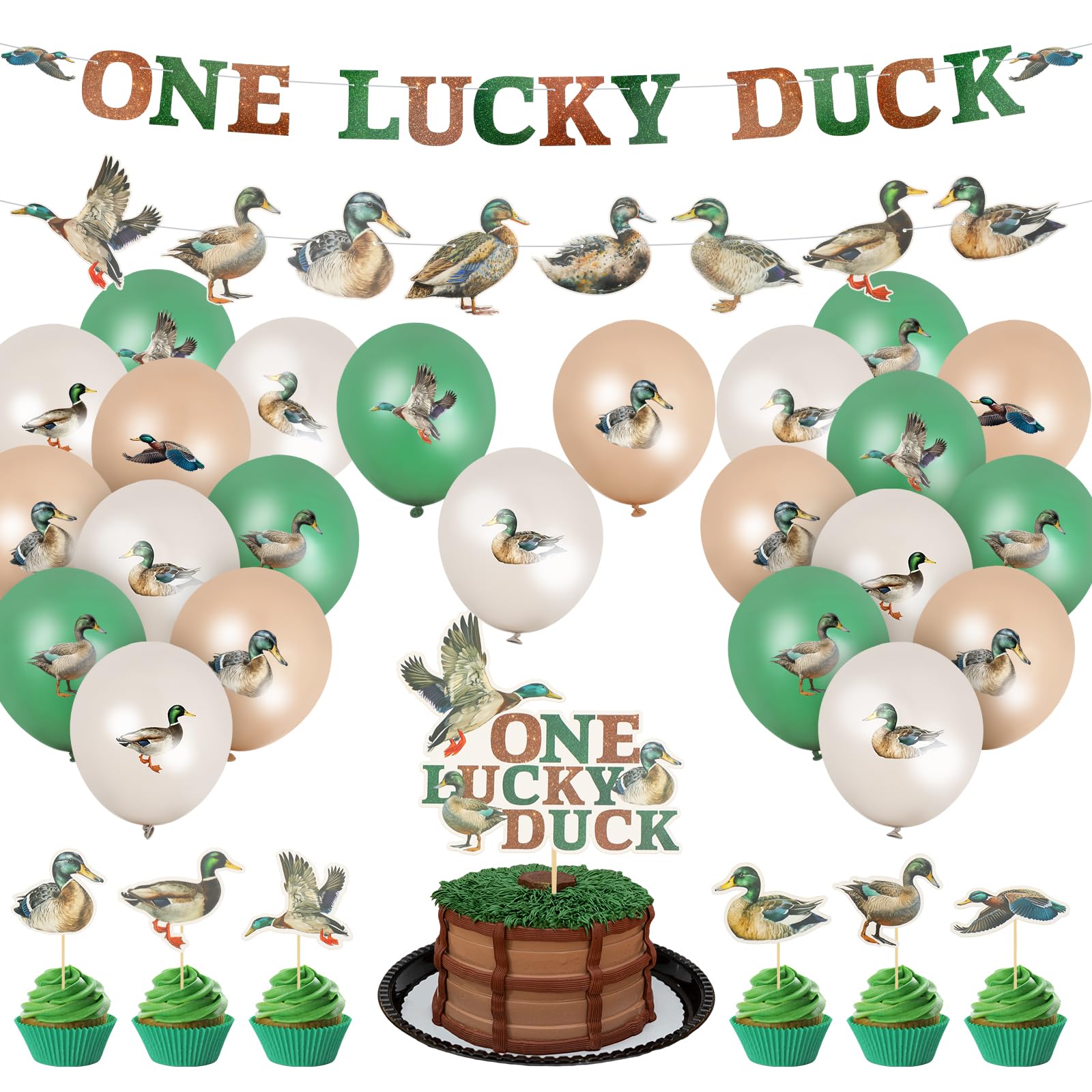 Simgoing 51 Pcs Duck Hunting First Birthday Decorations Include 24 Balloons 1 One Lucky Duck Banner 1 Mallard Duck Garland Banner 1 Big Cake Topper 24 Cupcake Topper for Boy 1st Birthday Party Supply