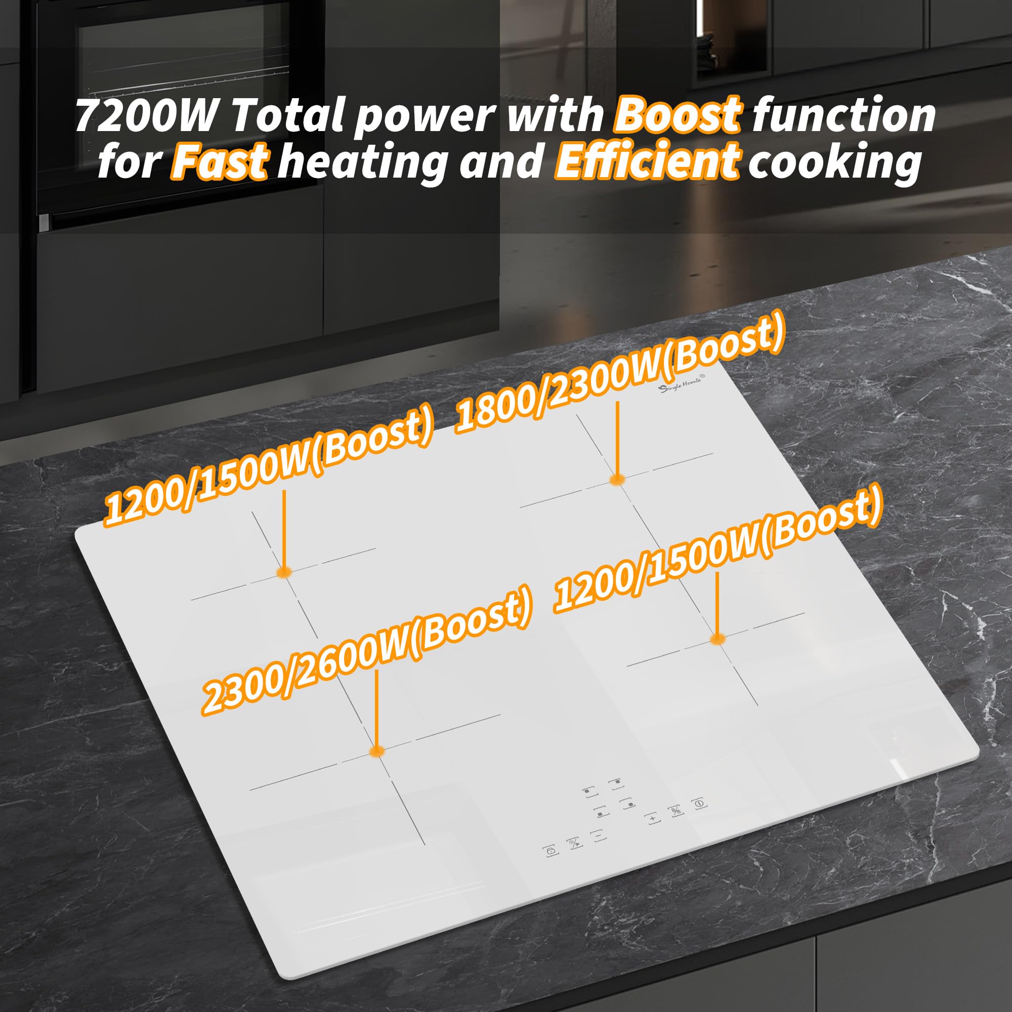 Induktionskochfeld 60 cm 4 Platten, Zartes weißes Glas Induktionskochfeld mit Boost-Funktion, 9 Leistungsstufen &1-99Min Timer, Automatischer Abschaltschutz, Kindersicherung, 7200W