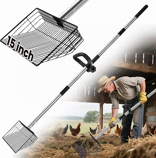 15 inch Large Chicken Poop Scooper - Heavy Duty Chicken Coop Rake, Chicken Coop Scoop for Poop with 24 to 68 Inch Stainless Steel Adjustable Handle for Chicken Coops, Stables, Sheep Barn Cleaning