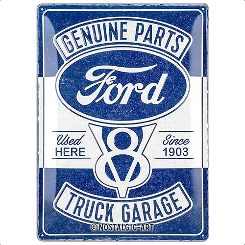 Nostalgic-Art Letrero de hojalata retro, Ford V8 Garage Idea de regalo para fanáticos de accesorios de automóvil, placa de metal, diseño vintage