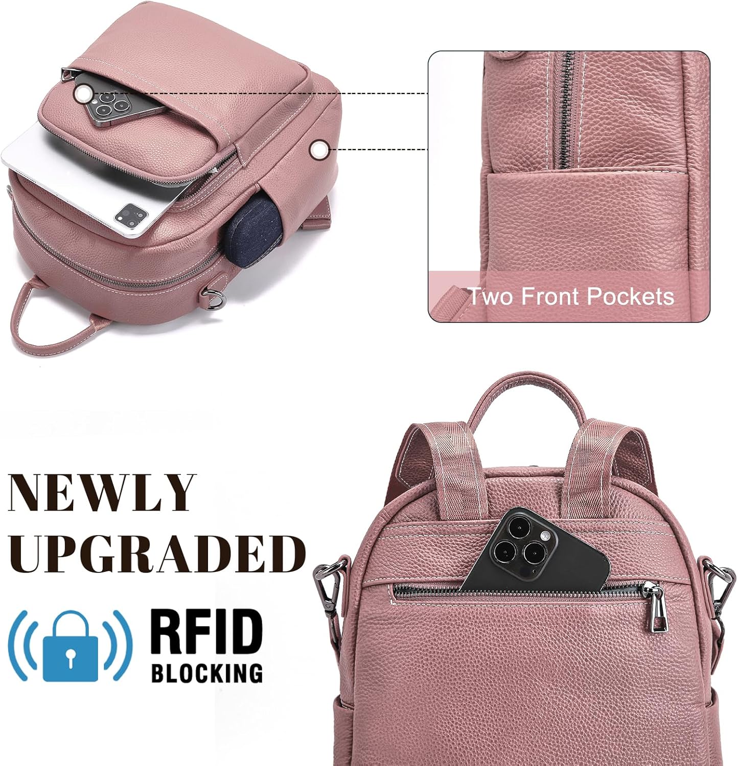 BOYATU Genuine Leather Backpack Purse for Women: Anti Theft Convertible Soft Backpacks - Elegant Womens Travel Backpack (06 Medium-Coral Pink) - Image 5