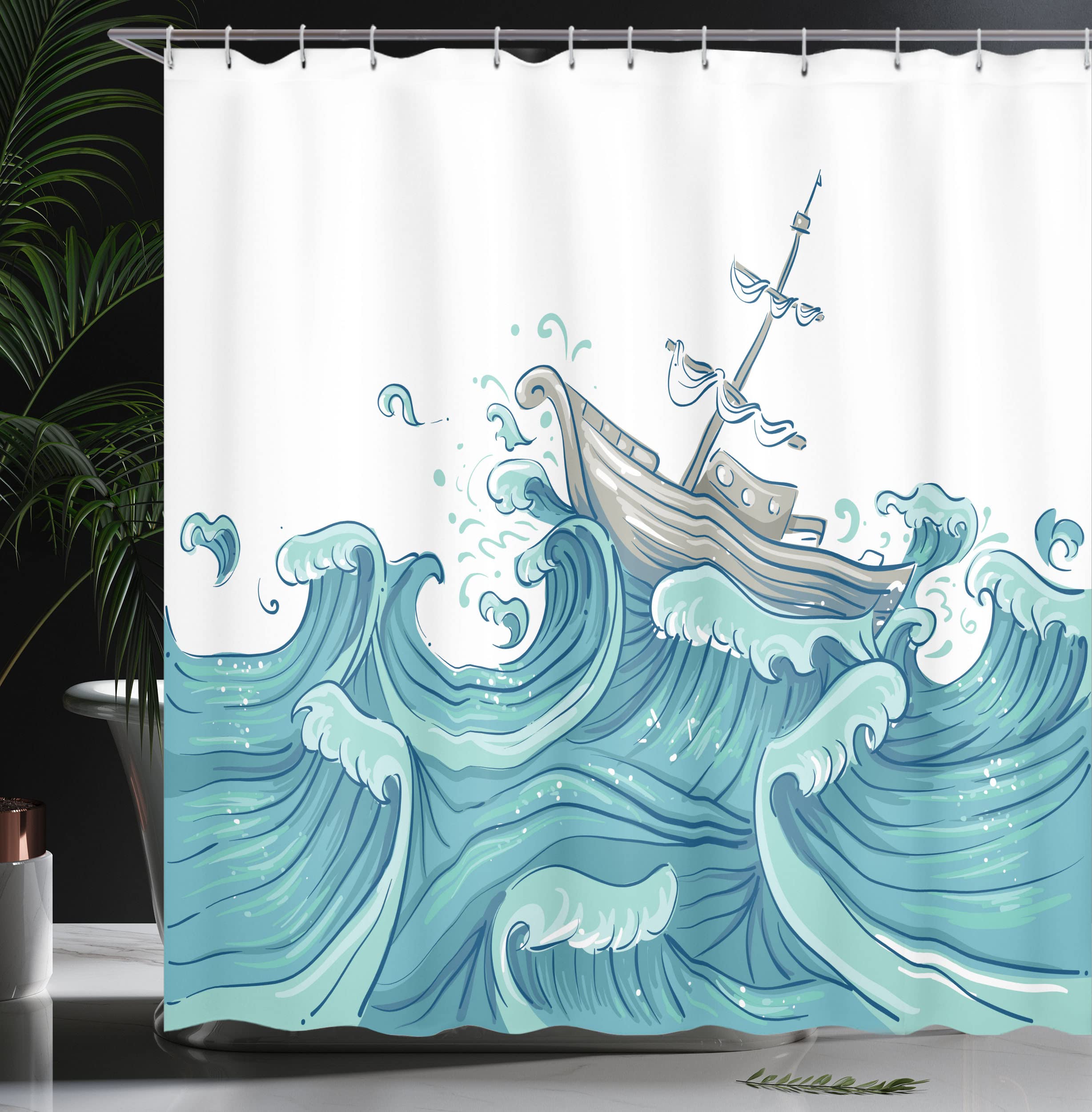 ABAKUHAUS Nautical Shower Curtain, Ship Being Tossed by Giant Ocean Waves Aquatic Old Vessel Sea Journey Illustration - Image 3