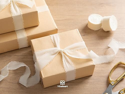 Miniatura 4 de Vitalizart Cinta de seda de gasa blanca marfil de 1 pulgada x 21 yardas, paquete de tela con flecos (3 rollos x 7 yardas) para invitaciones de boda,