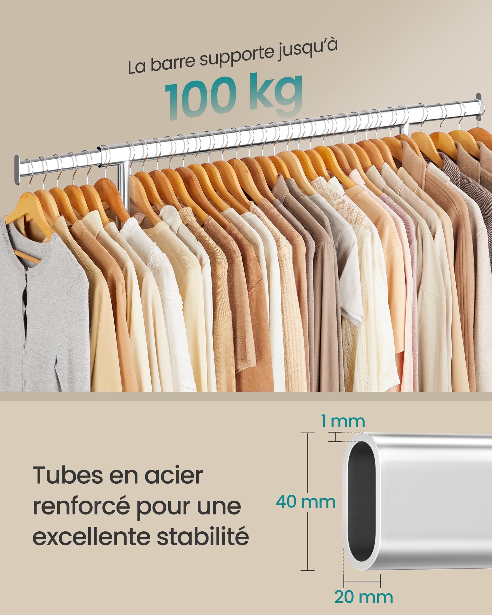 SONGMICS Portant à Vêtements avec Roulettes, Tringle Extensible pour Charge Lourde, Porte-manteau, Capacité de Charge 100 kg, 45 x (92-132) x 161,5 cm, Montage Facile, Argent HSR13S