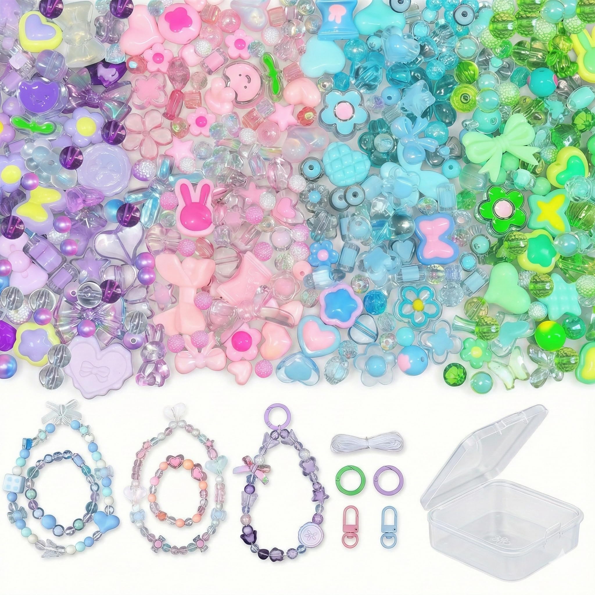 AstraGlam Assorted Beads Bracelet Making Kit, 100+Pcs Charms Keychain Making Kit with String Keyring Clips Cute Bow Heart Acrylic Beads for Bracelets Jewelry Making Girls Crafts DIY Phone Bag Charms