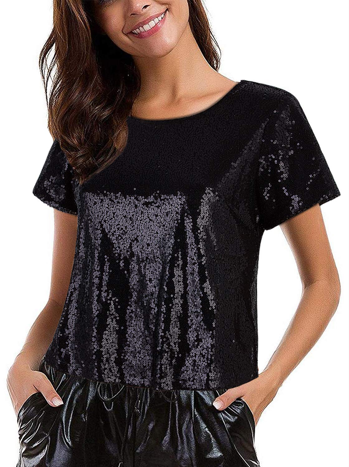 VIJIV Women's Glitter Glam Sequin Top Loose Sleeves Sparkly Shimmer Party Bridesmaid Sequined Tunic Top XXL Black