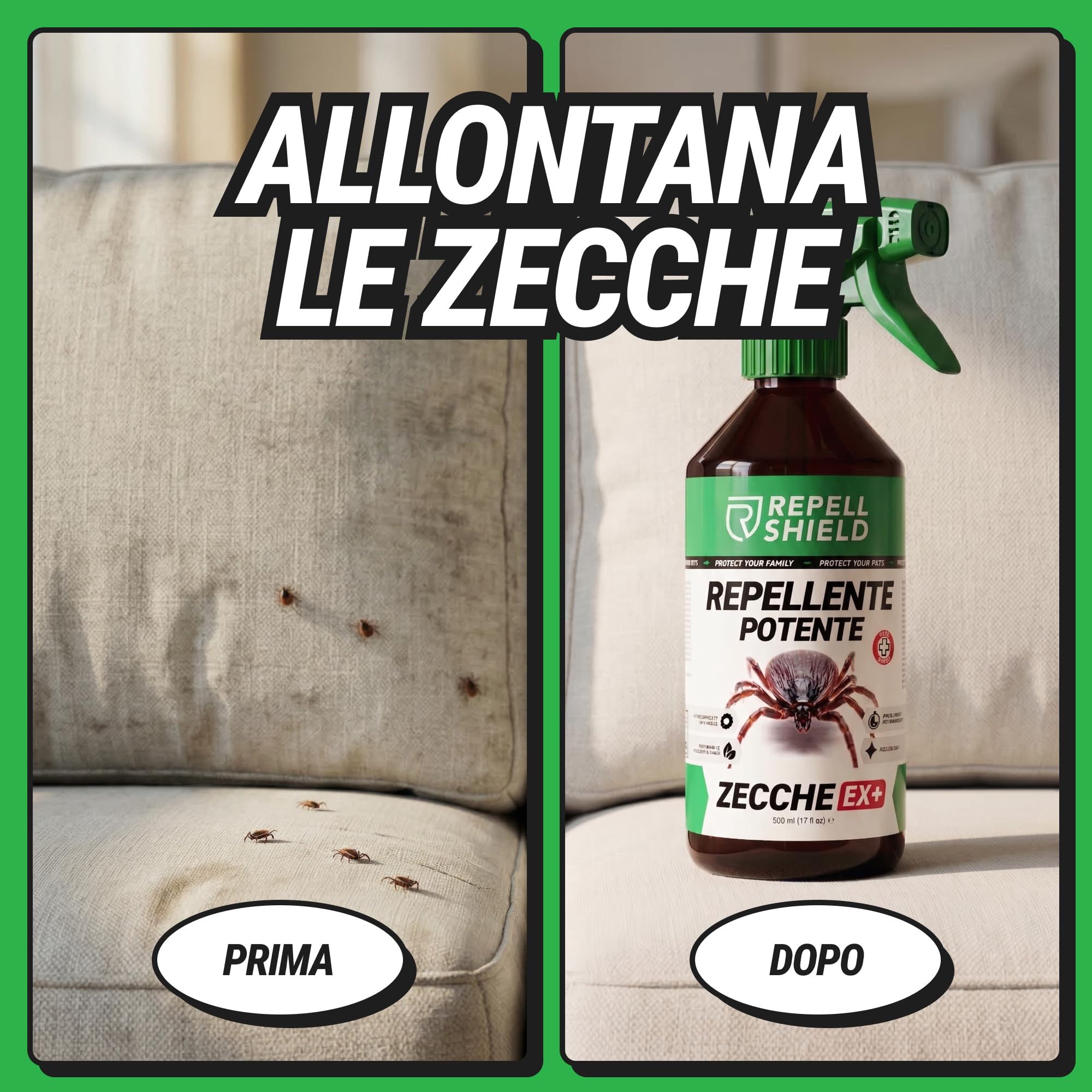 RepellShield® Spray Repellente per Zecche - 500 ml - Protezione per Pelle e Tessuti - Non Macchia - Uso Interno ed Esterno - Soluzione Repellente per Zecche Multiuso con Estratto di Crisantemo