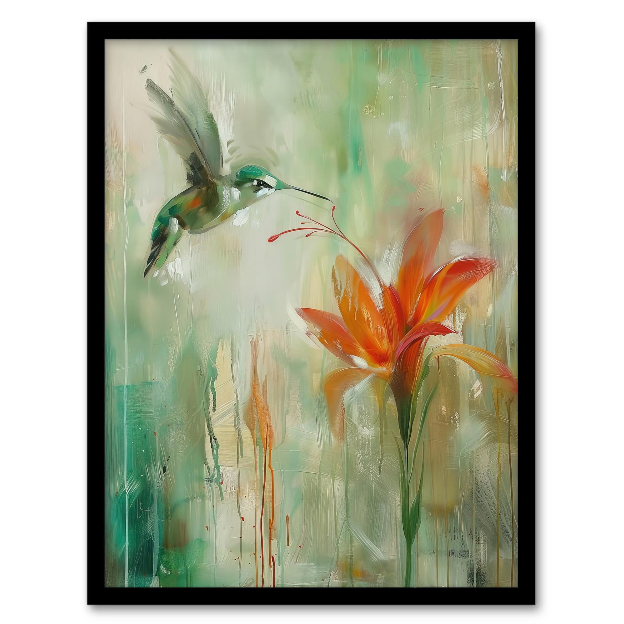 Artery8 Daylily Flower Hummingbird Orange Green Painting Living Room Artwork Framed Wall Art Print A4