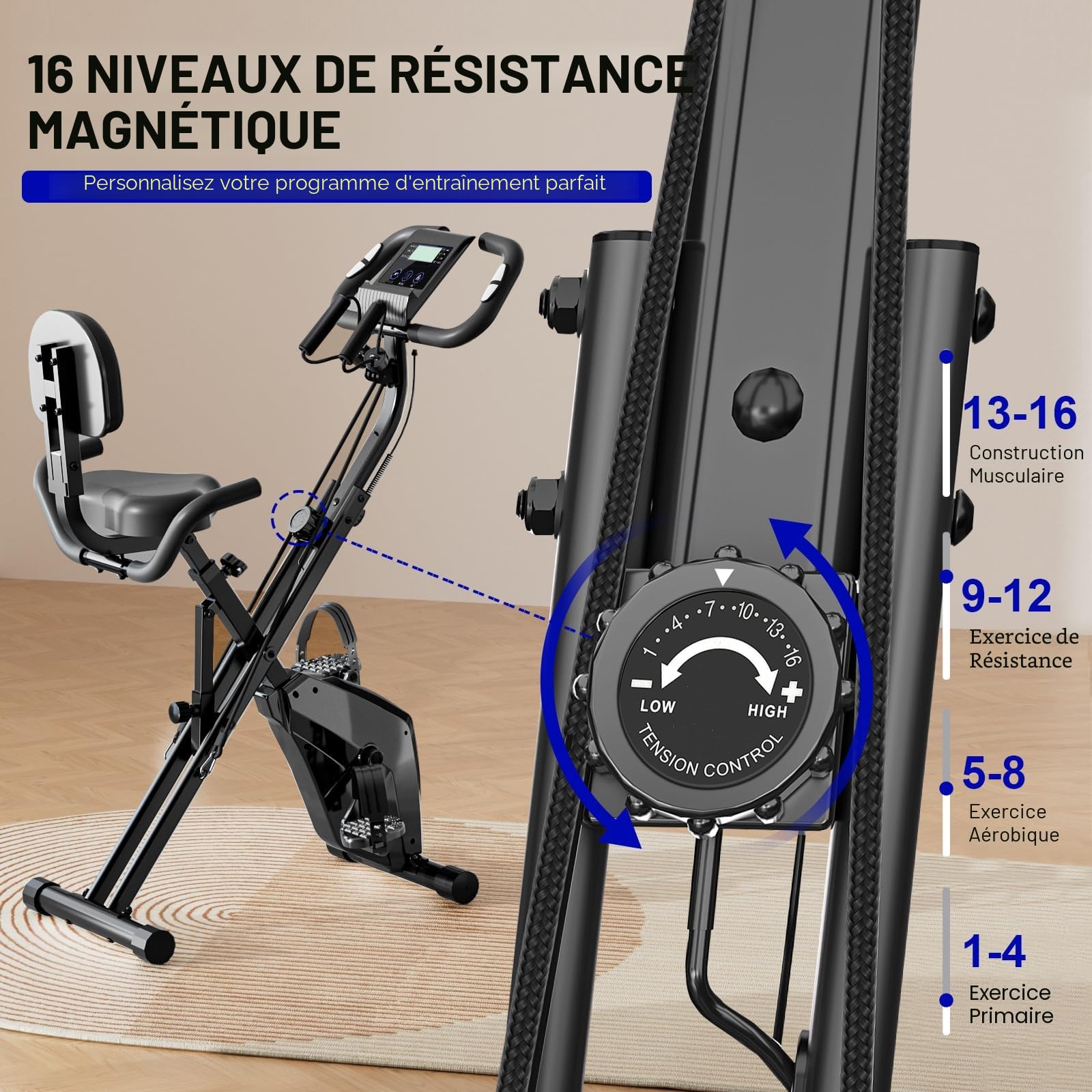 Vélo d'appartement pliable pour la maison 4 en 1 ergomètre pliable pour la maison, 150 kg, portée avec résistance magnétique réglable et écran LCD fitness bike avec capteurs à pulsation