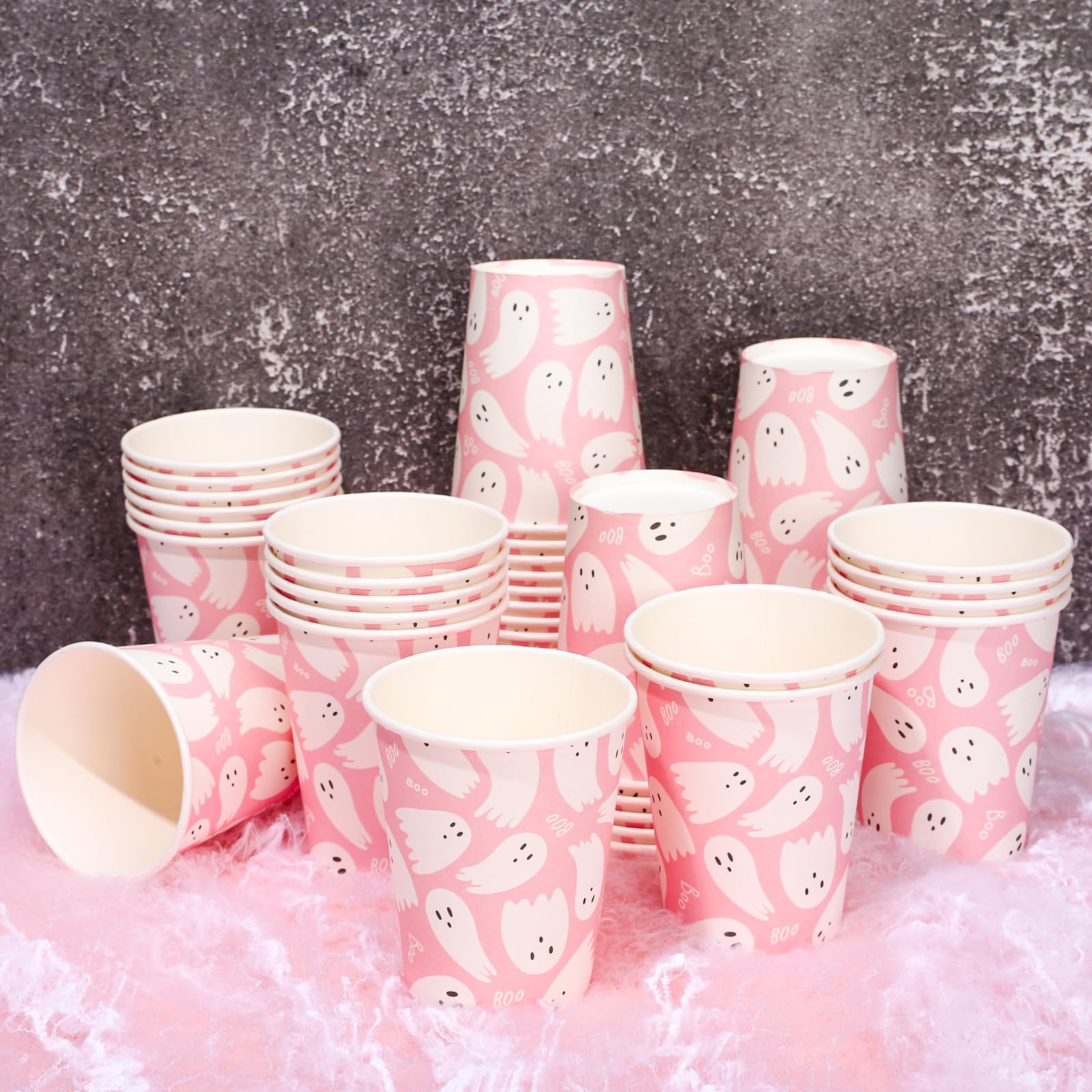 Whaline 50Pcs Halloween Ghost Paper Cups Cute Pink White Ghost Disposable Cups Halloween Party Cups for Cold Hot Coffee Drink Table Decor Supplies, 9