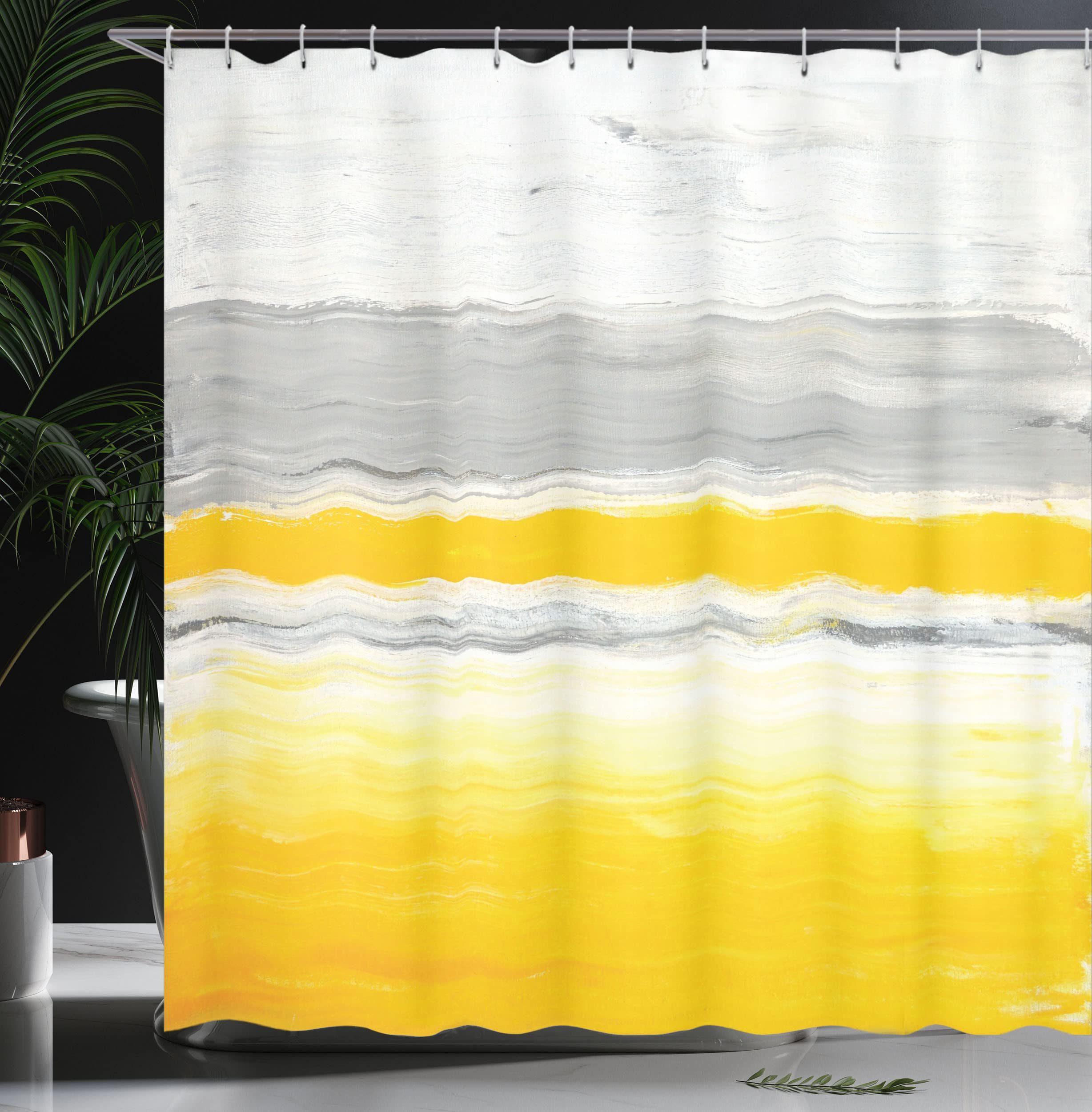 ABAKUHAUS Yellow Shower Curtain, Watercolor Style Bicolor Abstract Art Design with Brush Stroke Effects - Image 3