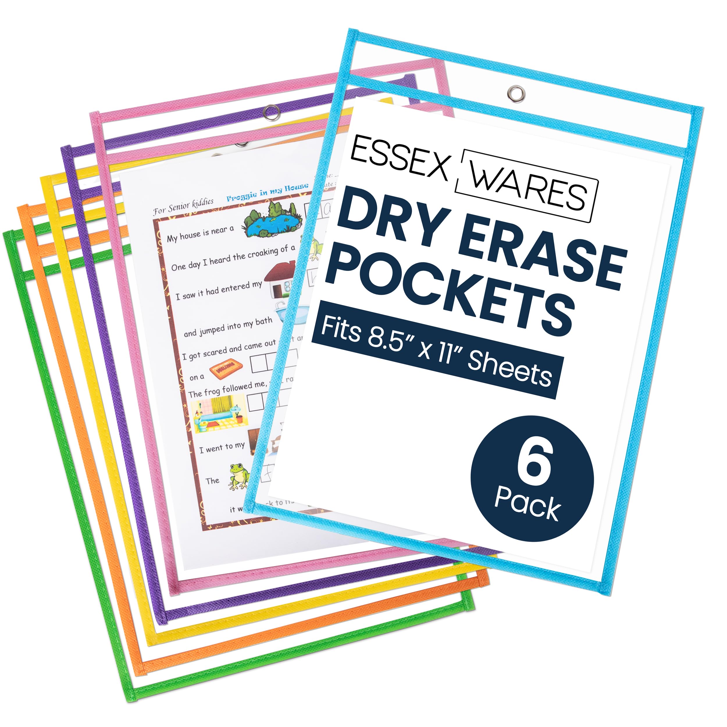 Essex Wares - 6 Pack, Pastel, Dry Erase Pocket Document Protectors, 10" Wide x 13.5" Tall - Dry Erase Clear Plastic Sleeves - Reusable & Easy Erase