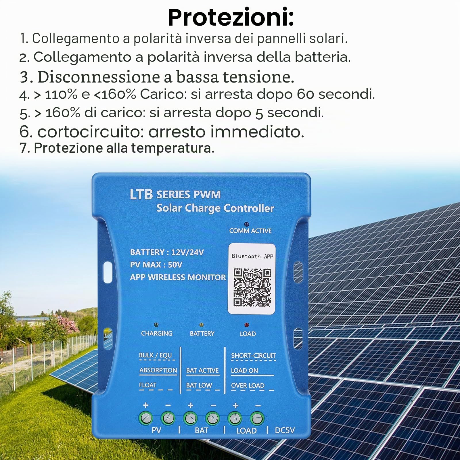 20A 12V/24VP PV:50V PWM Bluetooth Regolatore di Carica Solare Regolatore di carica della Batteria del Pannello Solare Intelligente con porta USB 5V per batterie al piombo-acido LiFePO4 al litio