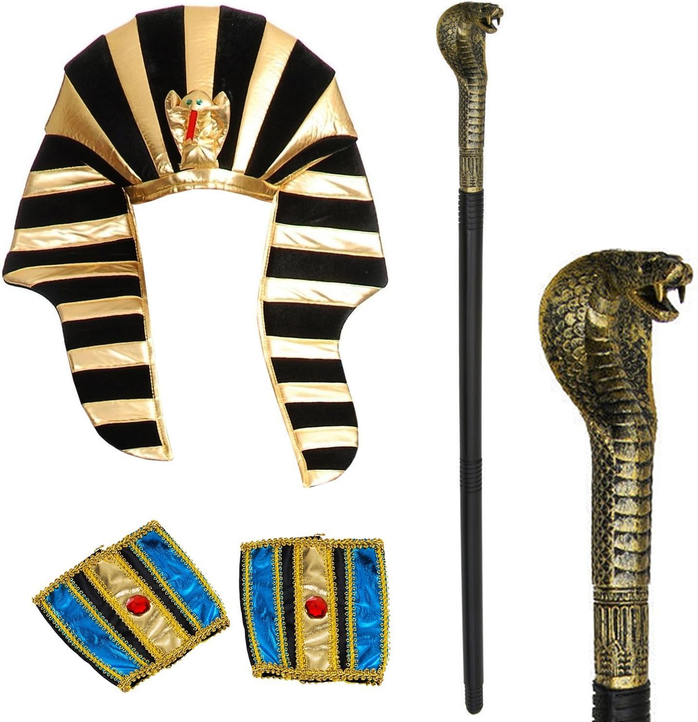 Tigerdoe Egyptian Costume - 3 Pc Set - Pharaoh Hat, Cuffs, Cobra King Cane - Pharaoh Costume
