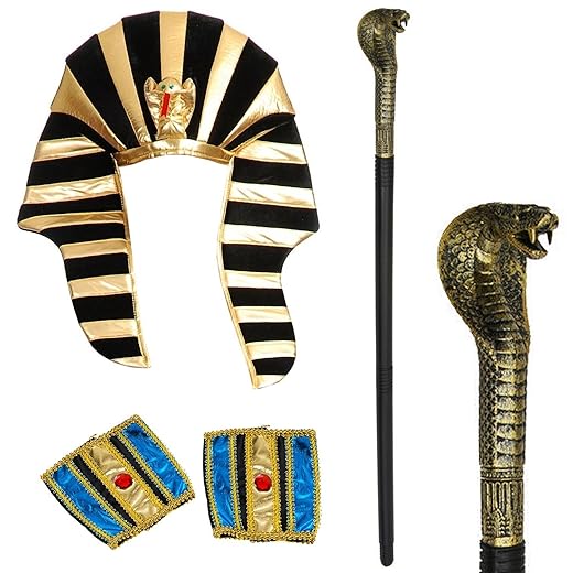 Tigerdoe Egyptian Costume - 3 Pc Set - Pharaoh Hat, Cuffs, Cobra King Cane - Pharaoh Costume