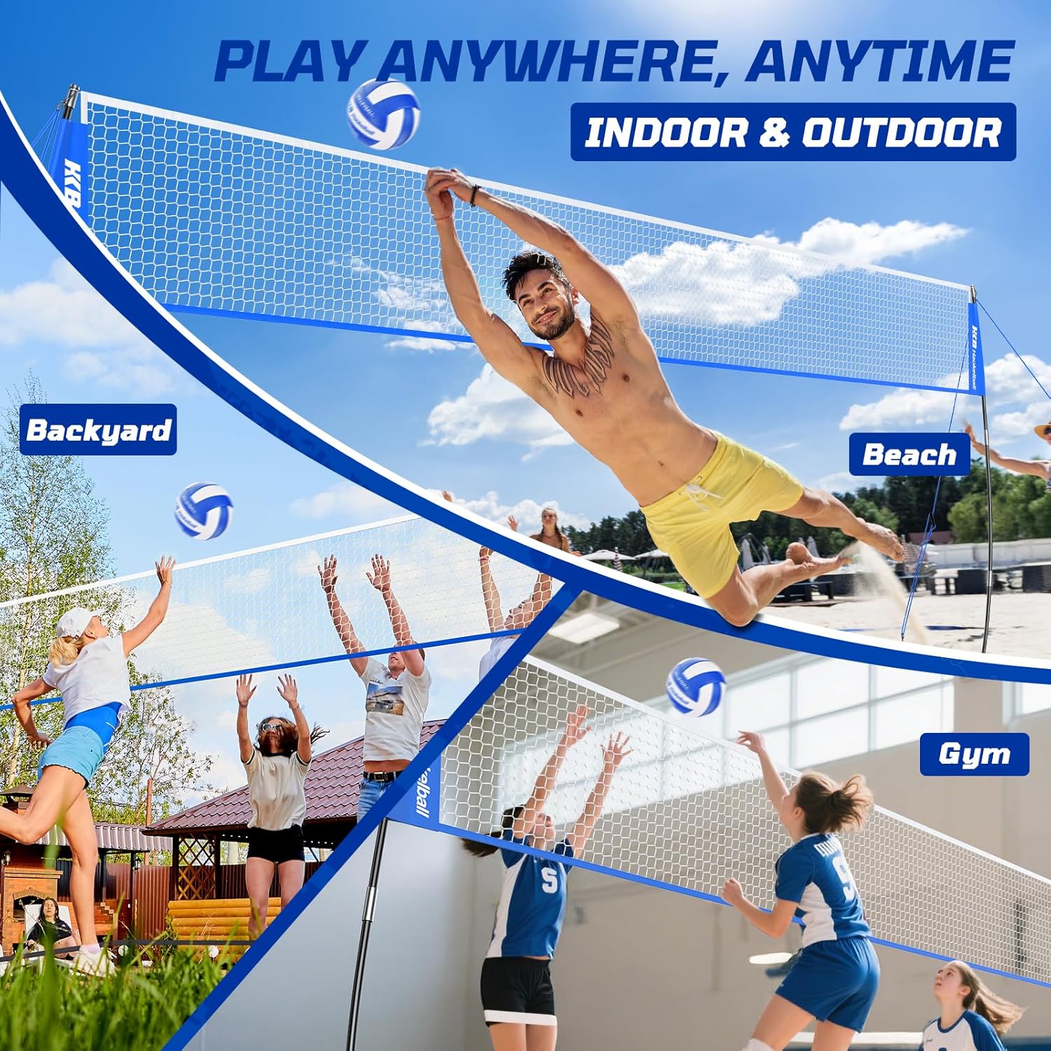 Haokelball Portable Volleyball Net for Backyard, 20ft Freestanding Volleyball Set with Adjustable Height & Widened Base, Outdoor/Indoor Practice Net with Volleyball, Carry Bag, Stakes & Ropes