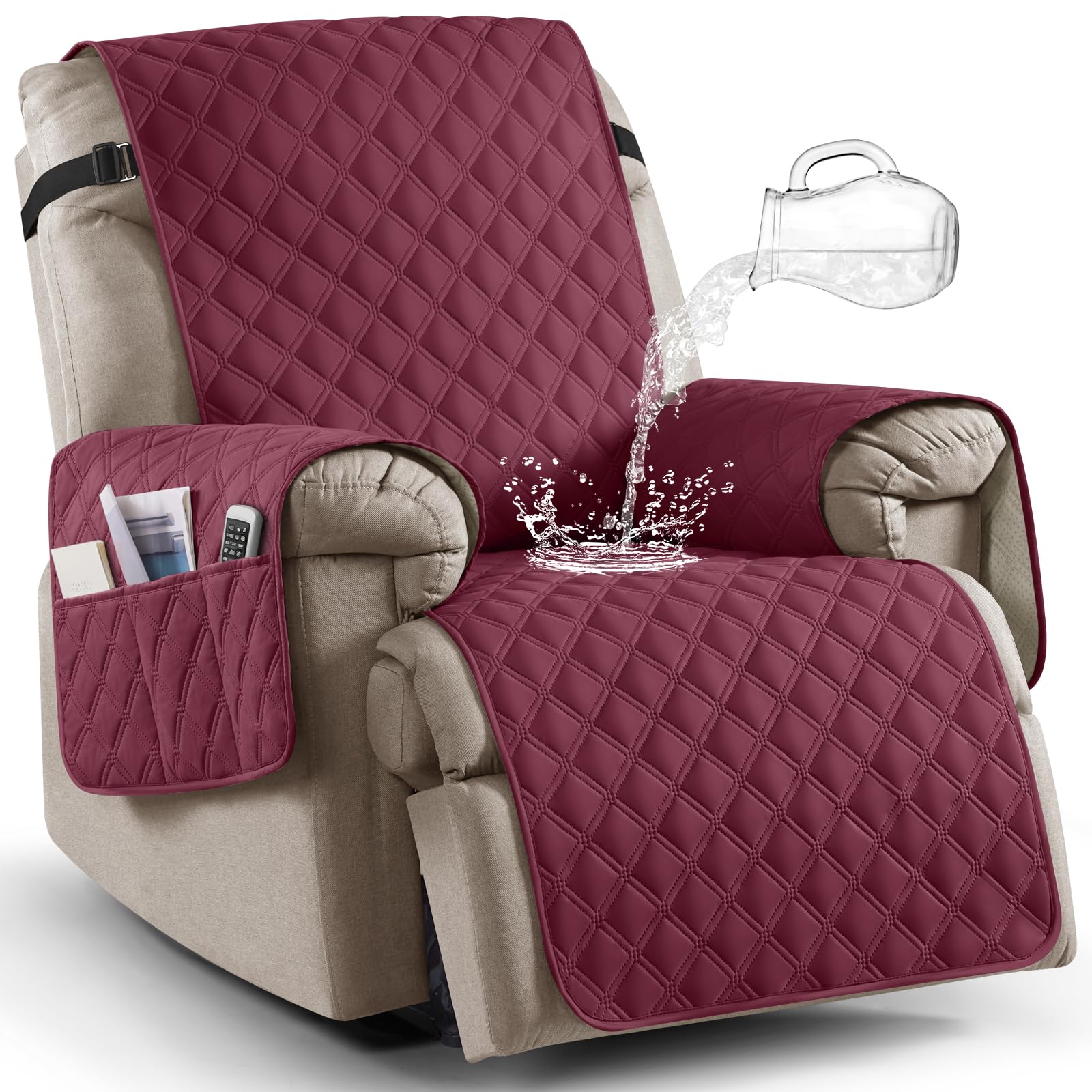 Ruaozz Funda para silla reclinable 100% impermeable, antideslizante, de gran tamaño, para silla reclinable grande, lavable, con correas elásticas para niños, perros, mascotas (vino, 71 cm)