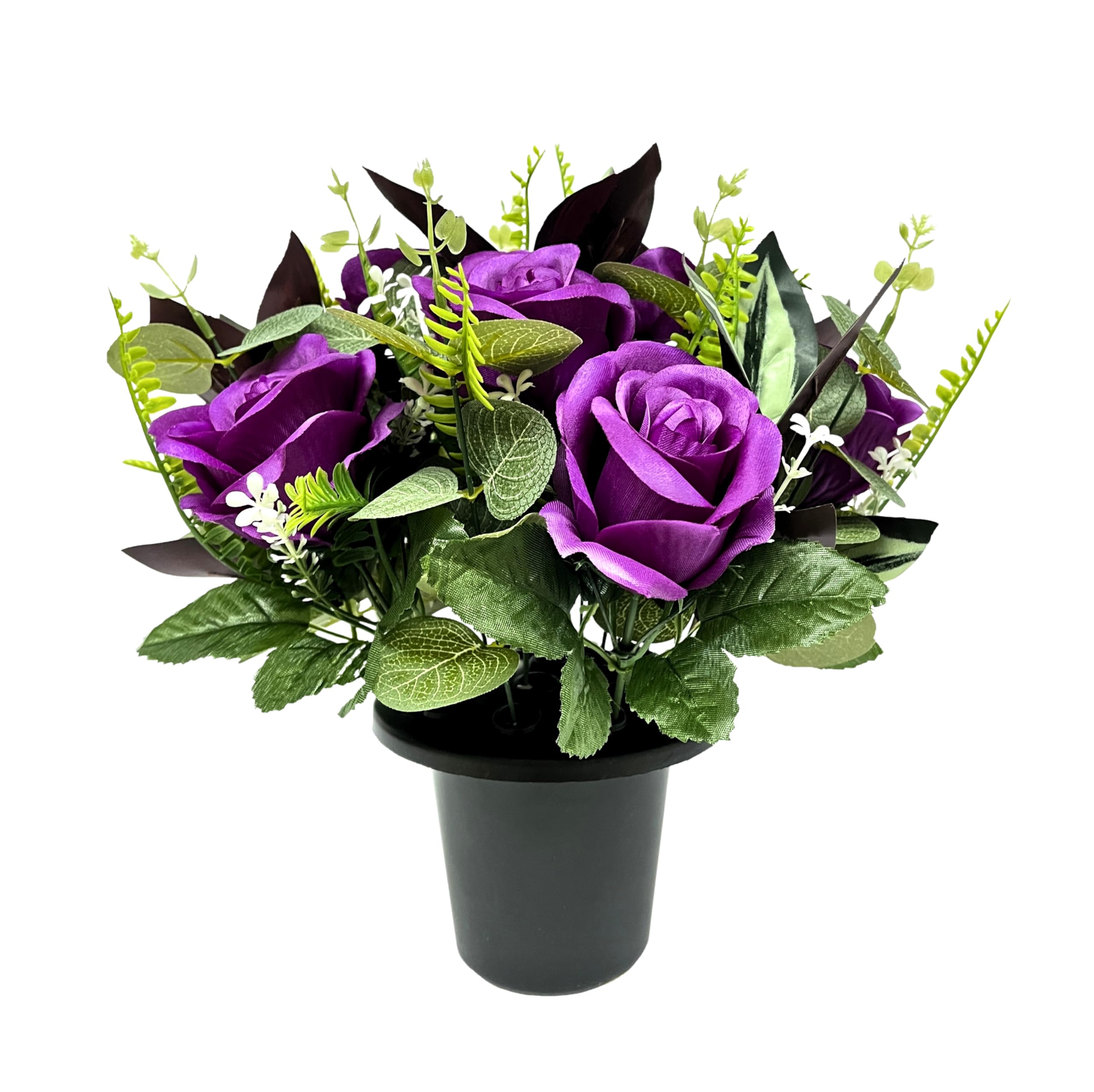 CFY Memorials Premium Artificial Grave Flowers – Purple Open Roses with Eucalyptus (25cm) | Memorial Vase Pot