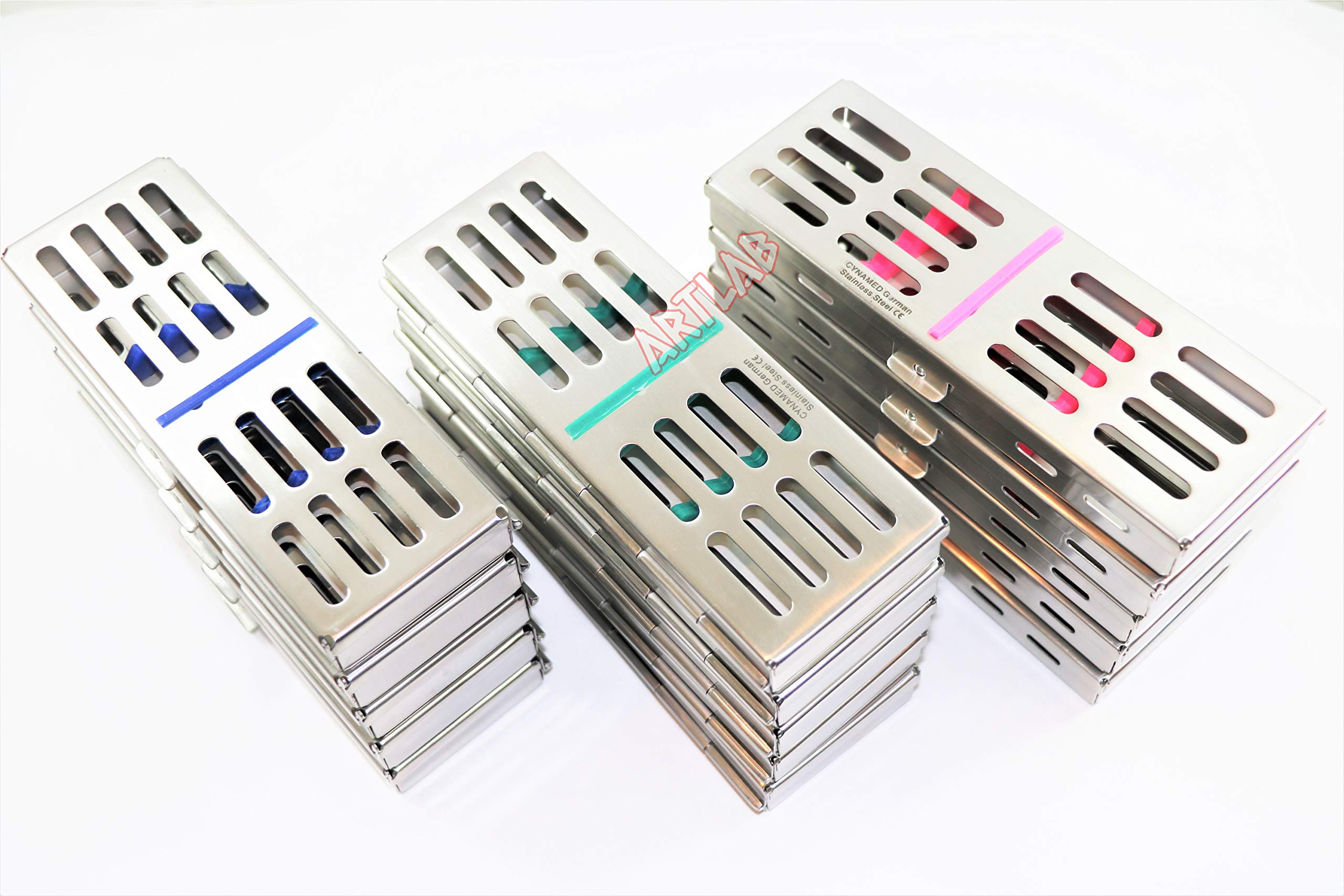 Set of 15 AUTOCLAVABLE Rack Tray for 5 Instruments, Dental, Veterinary | Green, Blue, Pink (CYNAMED)