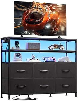 WLIVE Black TV Stand for 40, 45 inch TV, Entertainment Center with LED Lights & Charging Station, TV Media Console Table with 6 Fabric Drawers and Open Shelves for Living Room, Hallway, Wood Top