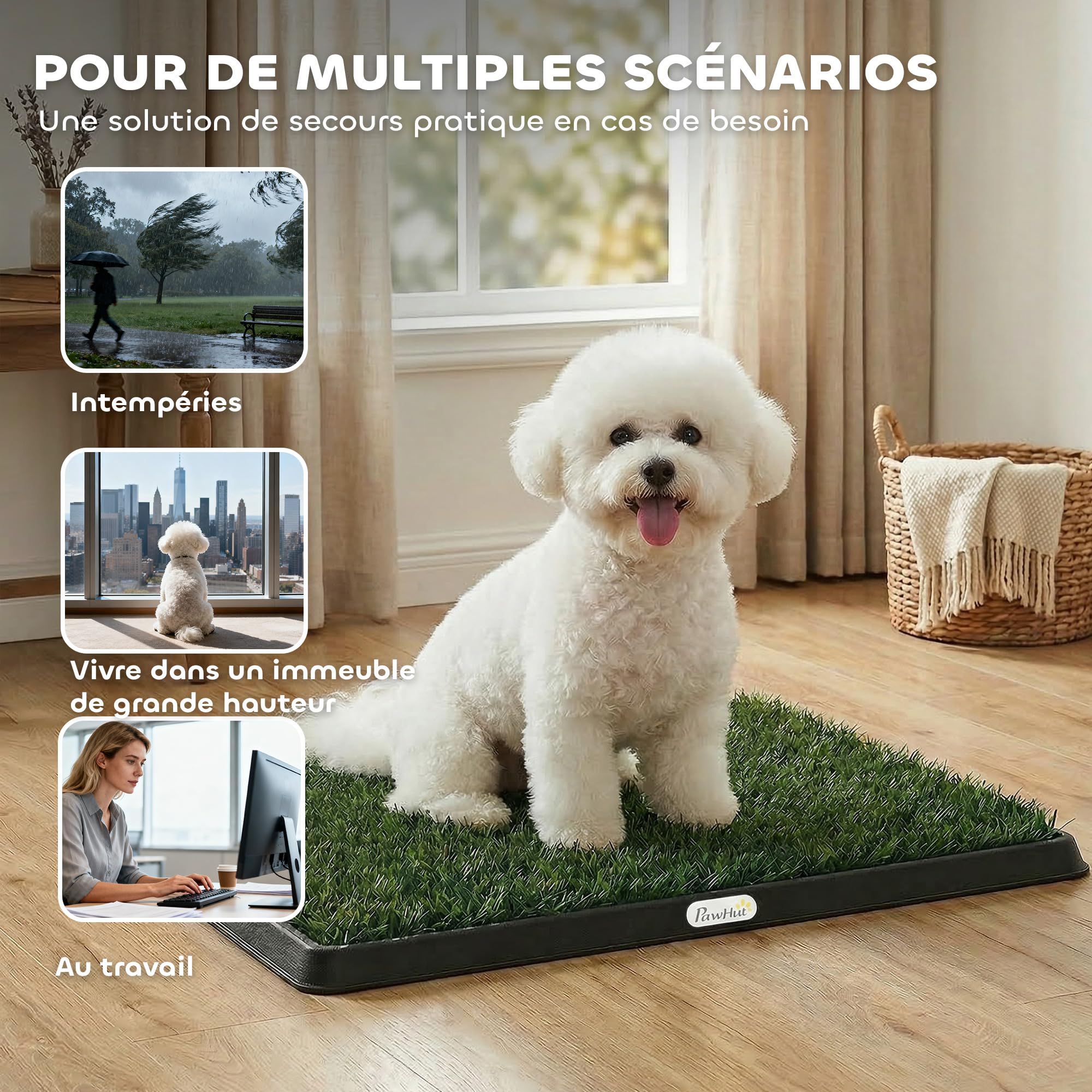 PawHut Toilette pour Chien avec Grille de Drainage, 2 Tapis en Gazon Artificiel, Système Lavable 3 Couches, Bac à Litière, 63x50,5x3,5cm, Noir