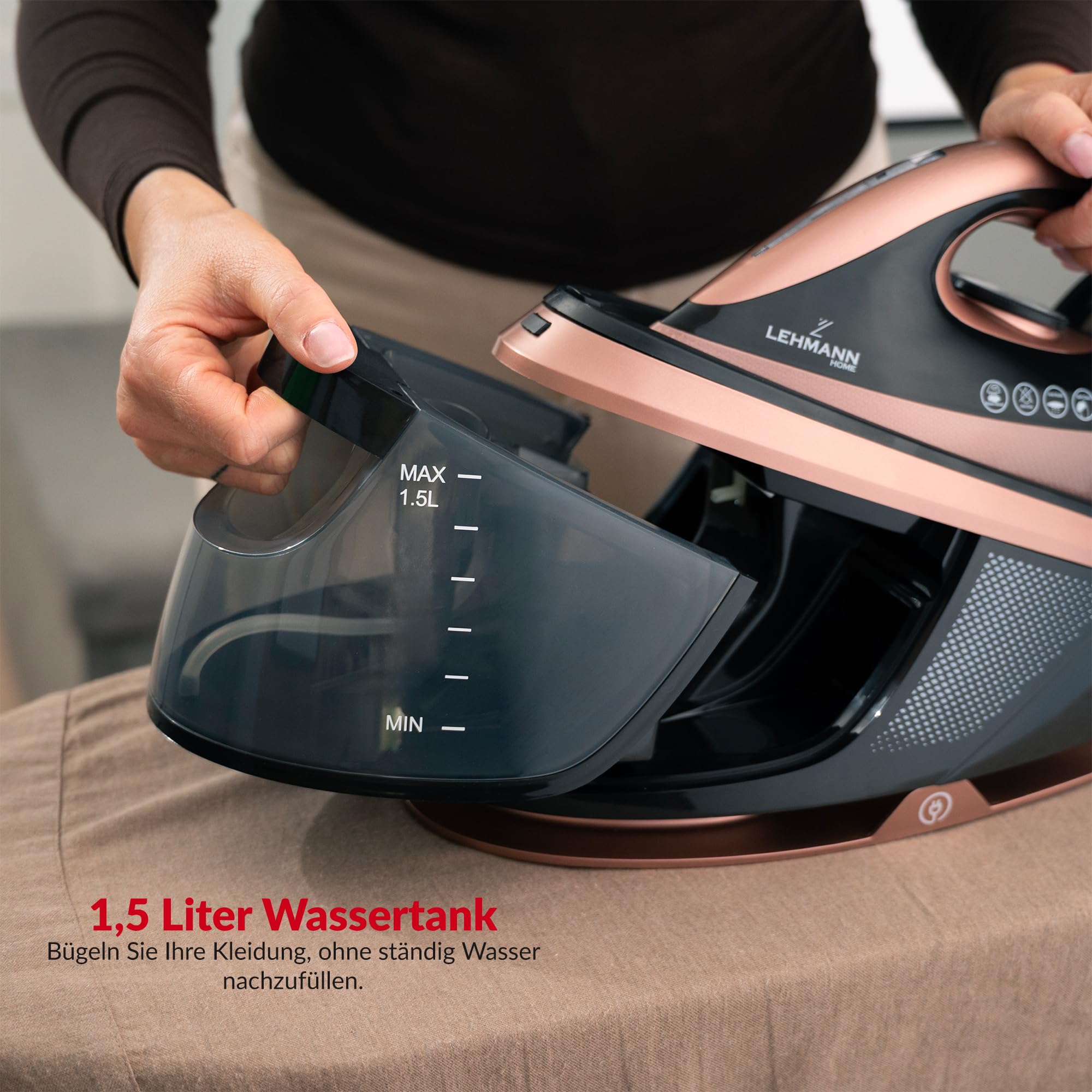 LEHMANN Dampfbügelstation 8 Bar Druck & 2400 Watt, 120 g/min Dampfleistung mit Extra Dampfstoß, 1,5 L abnehmbarer Wassertank, ECO-Modus, vertikale Dampffunktion, Abschaltautomatik, Schwarz/Roségold