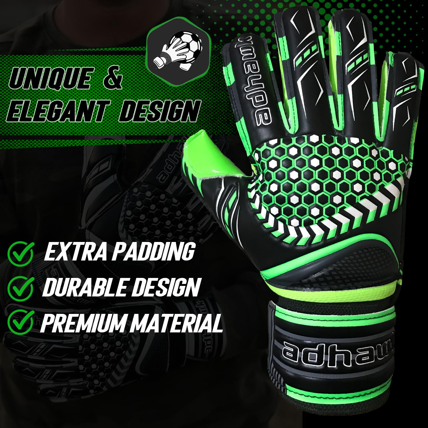 Adhawk Goalkeeper Gloves, Premium Quality Latex Palm with Finger Spine Protection & Double Layer Wristband - Image 2